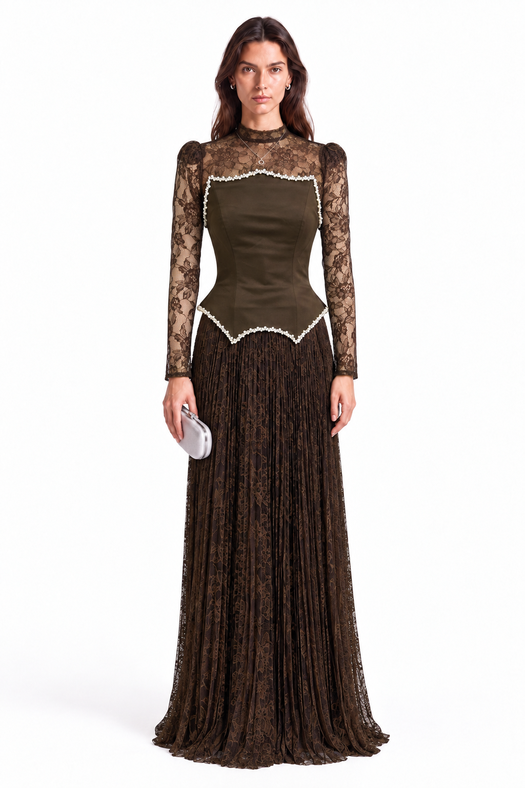 "Seren" Pearl Trim Pleated Gown