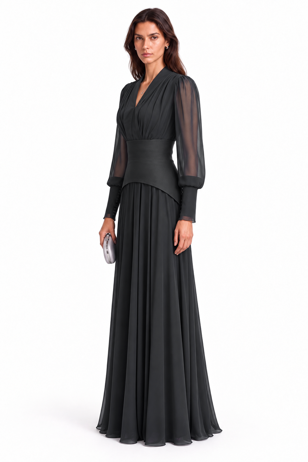 "Nesma" V-Neck Belted Chiffon Gown