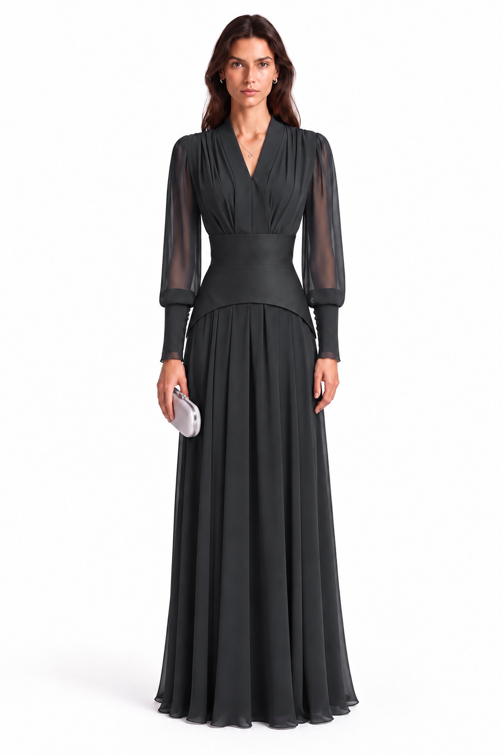 "Nesma" V-Neck Belted Chiffon Gown