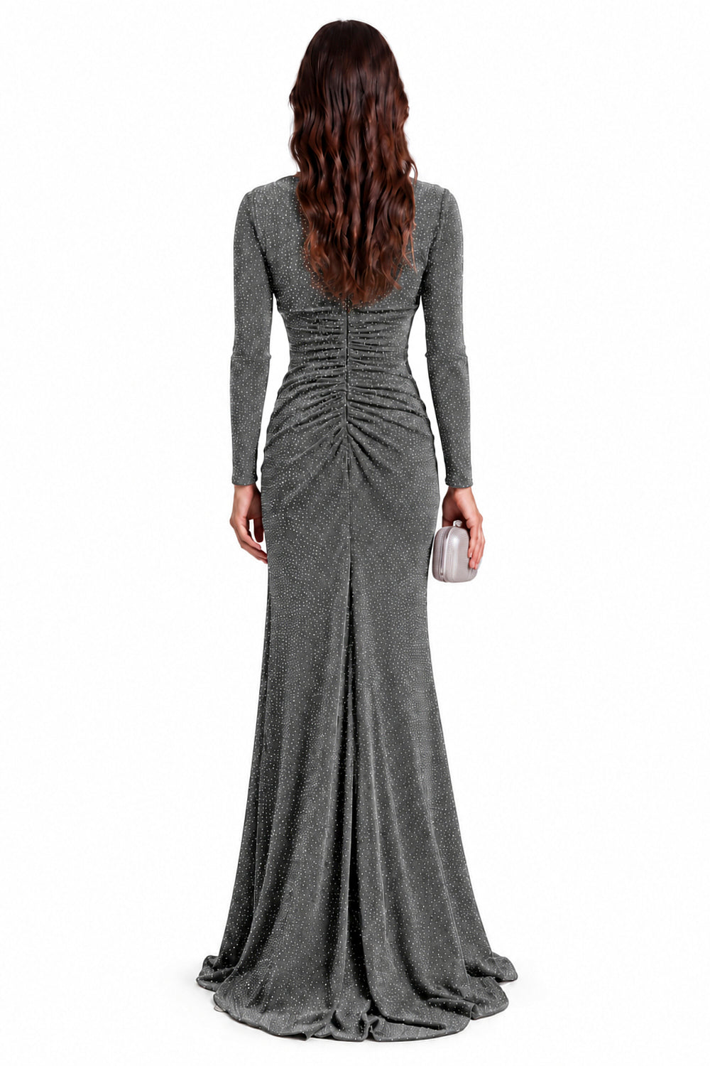 "Nadia" Rhinestone Jersey V-Neck Ruched Gown