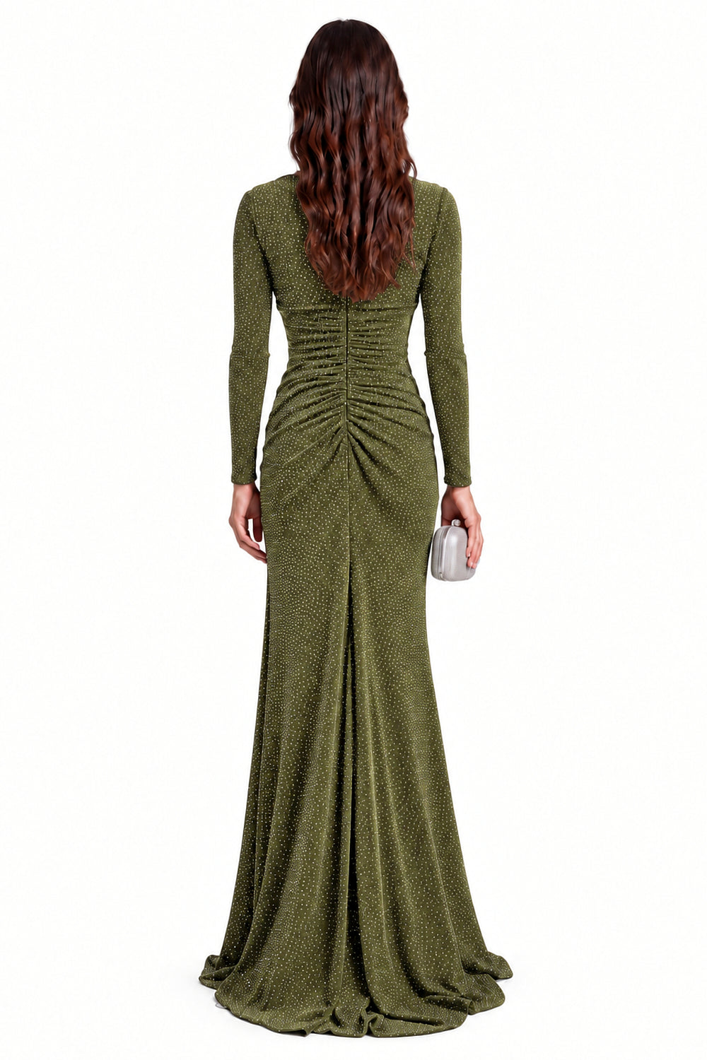 "Nadia" Rhinestone Jersey V-Neck Ruched Gown