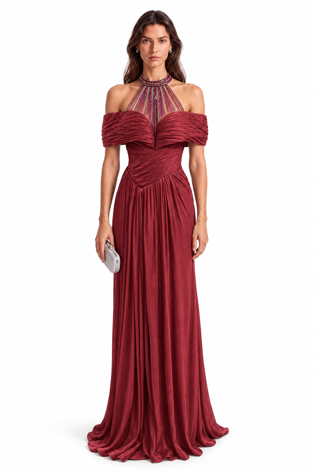 "Alina" Embellished Halter Drape Dress