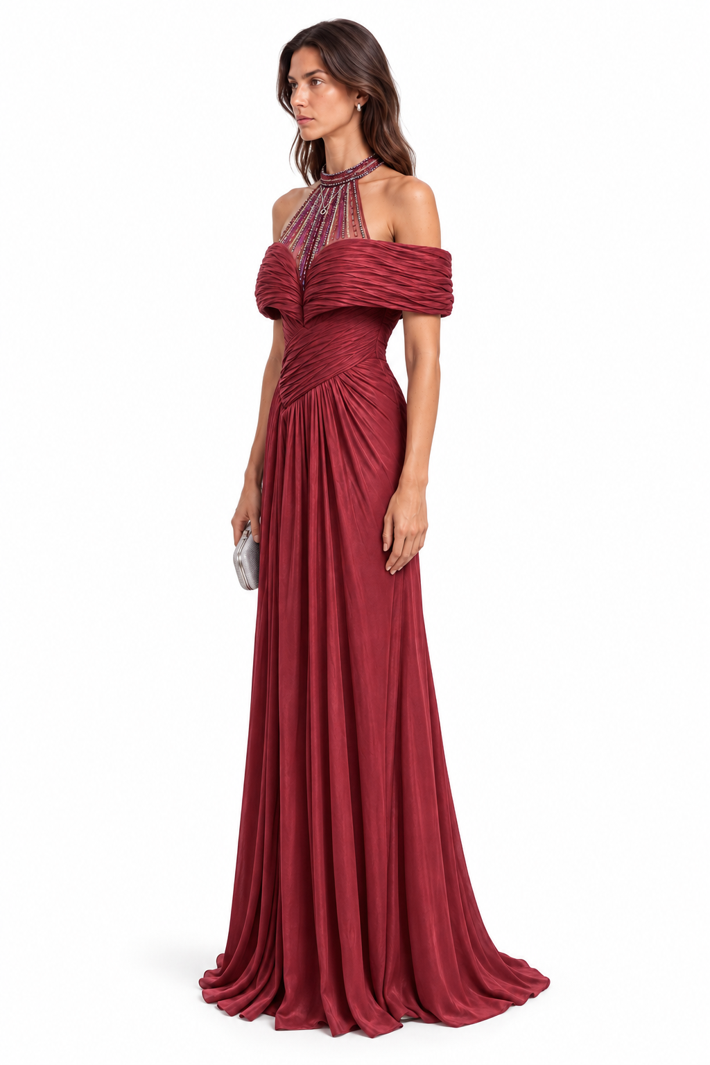 "Alina" Embellished Halter Drape Dress
