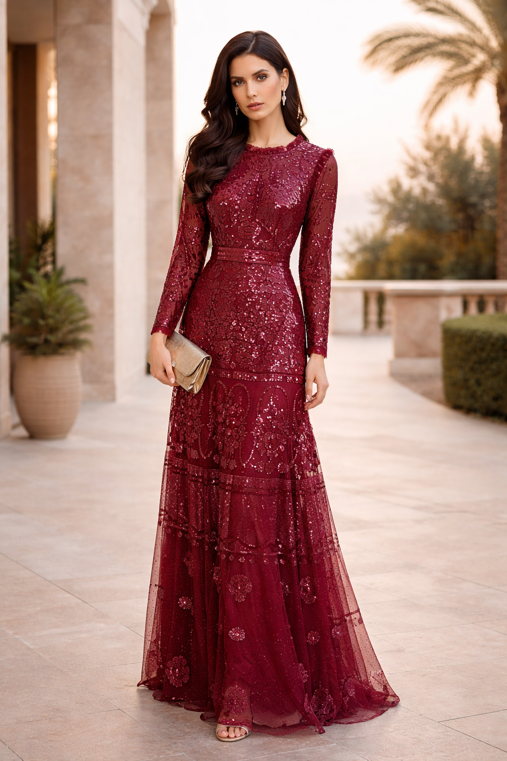 Sequin Embellished Dotted Tulle Gown