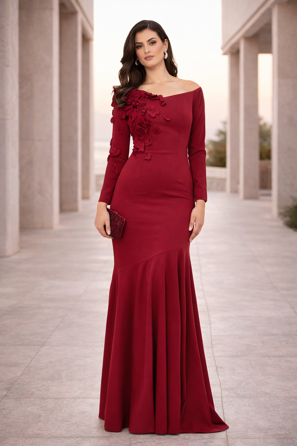 Elegant 3D Petal Adorned Off-Shoulder Gown
