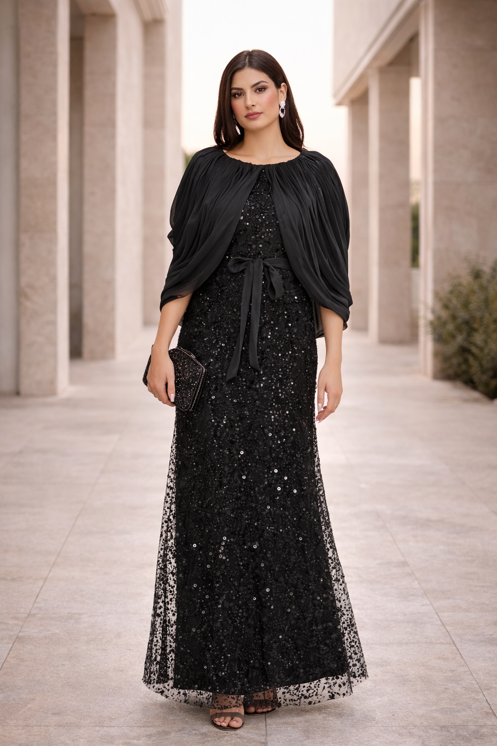 All-Over Sequined Gown with Draped Overlay