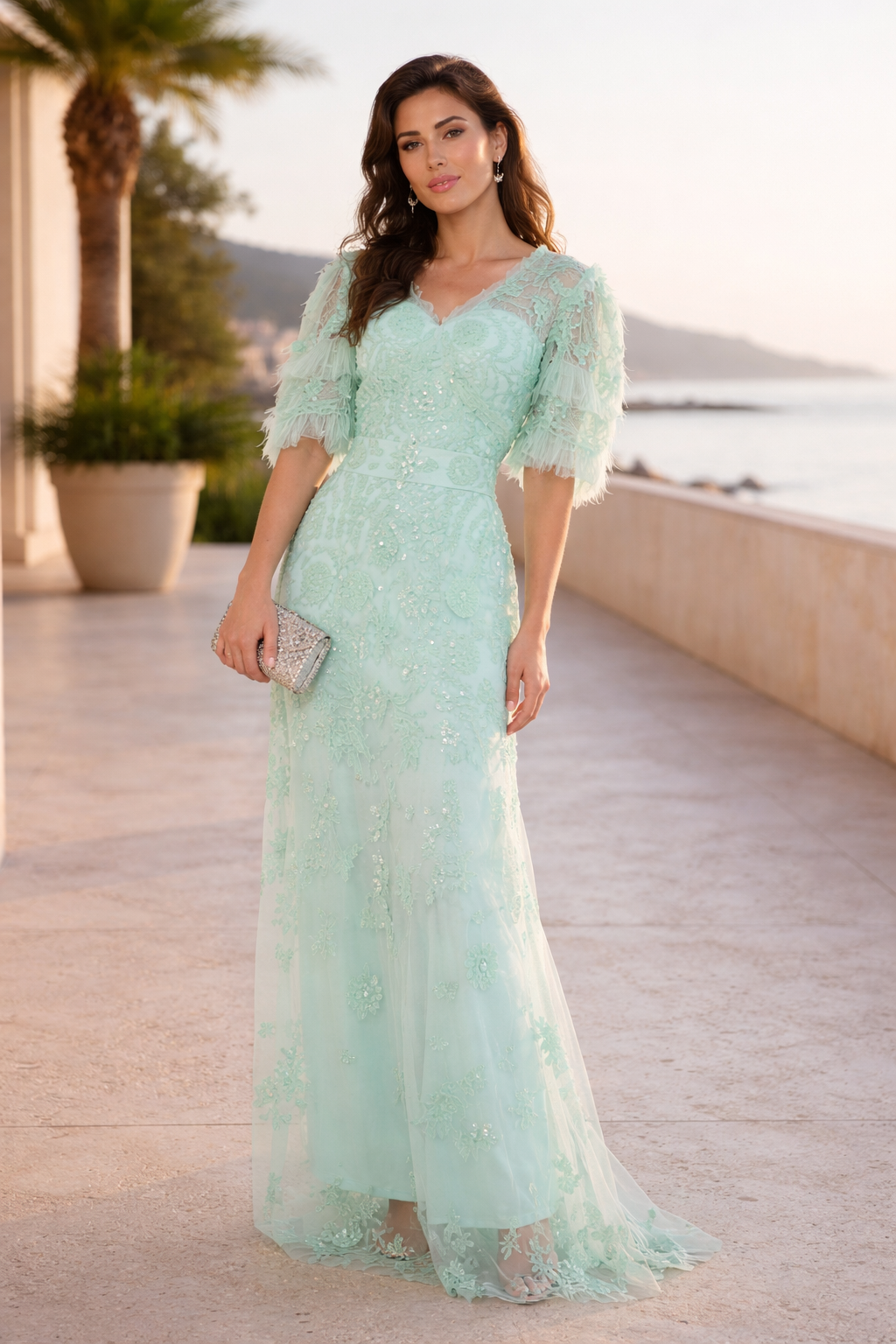 Coral Glamour Sequin Gown with Flutter Sleeves