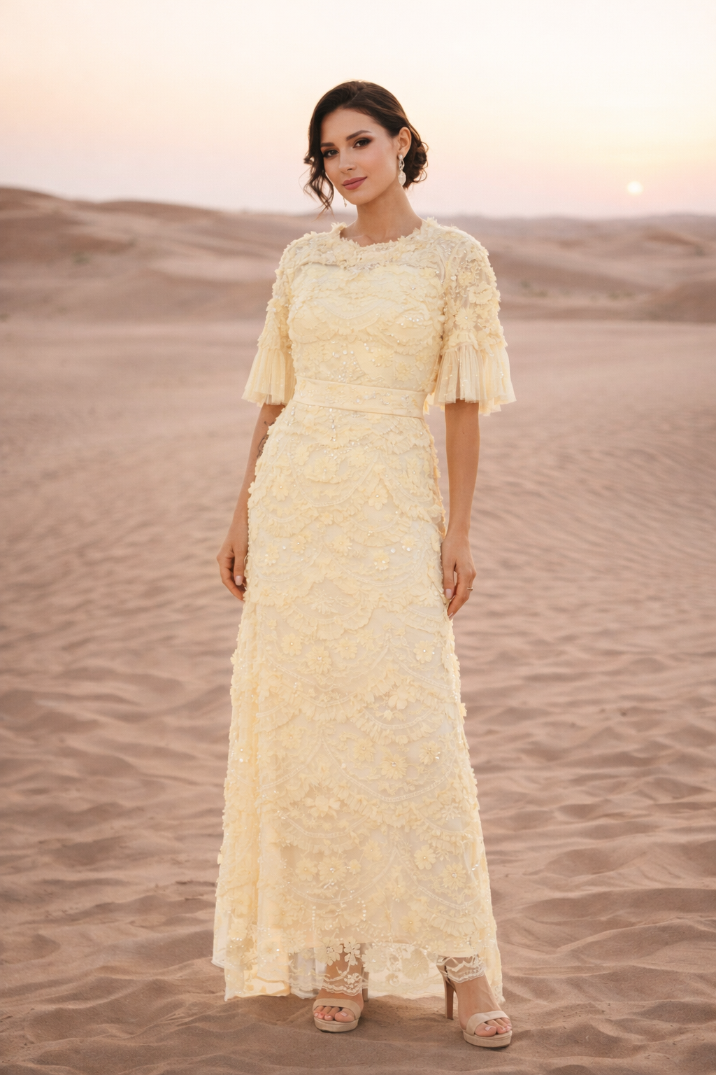 Embellished Lace Sequin Dress with Flutter Sleeves