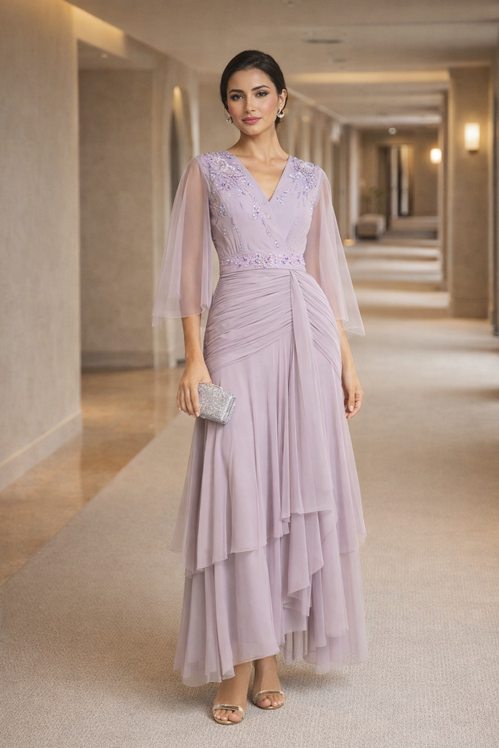 Embellished V-Neck Pleated Tulle Gown