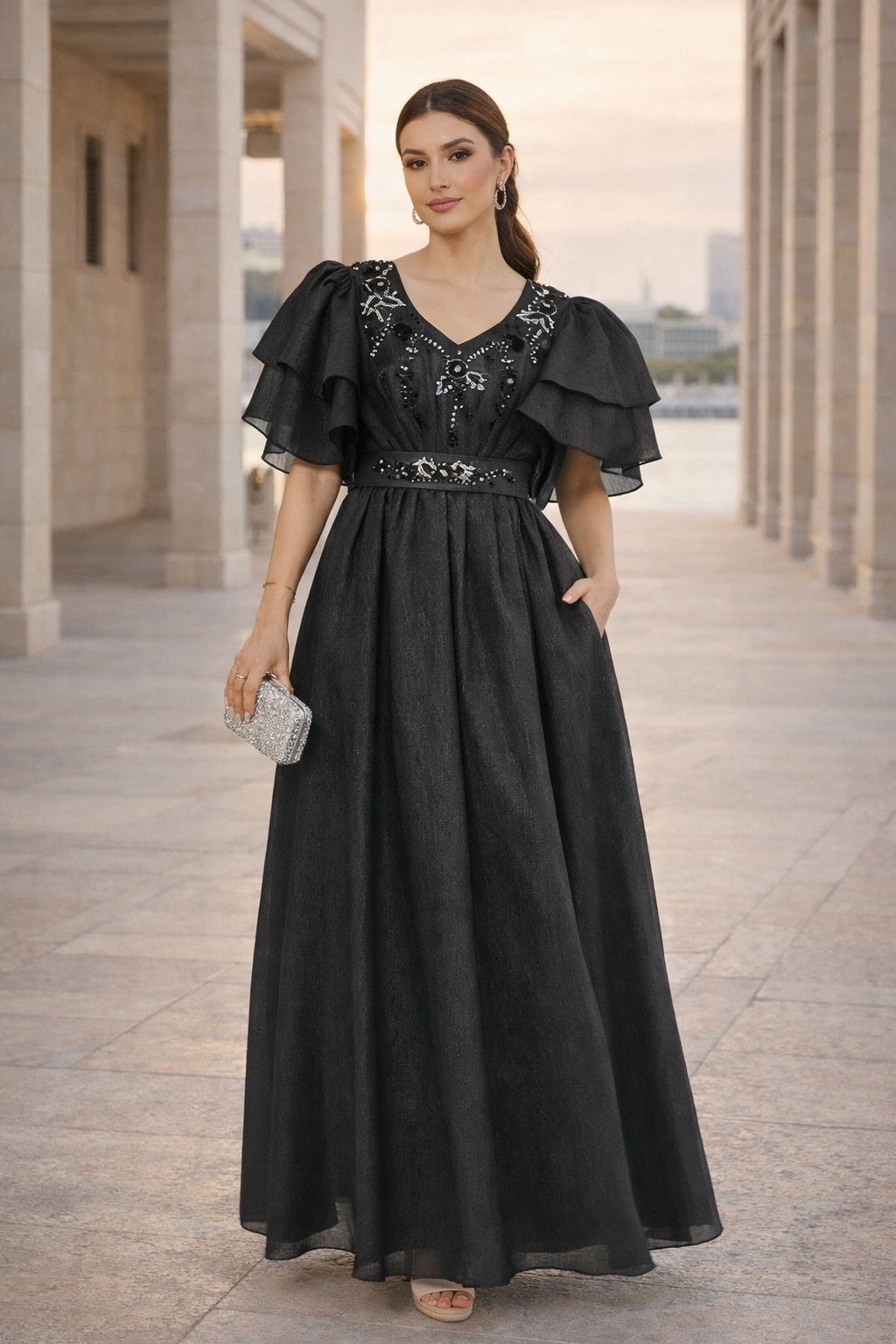 Layered Sleeve Embellished Petal Gown