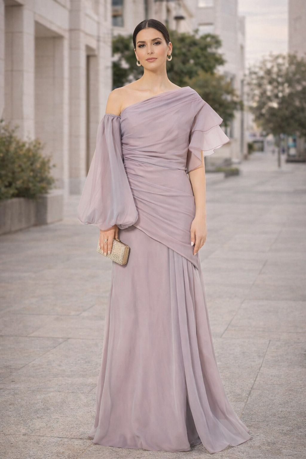 Aysmmetrical One-Shoulder Draped Gown