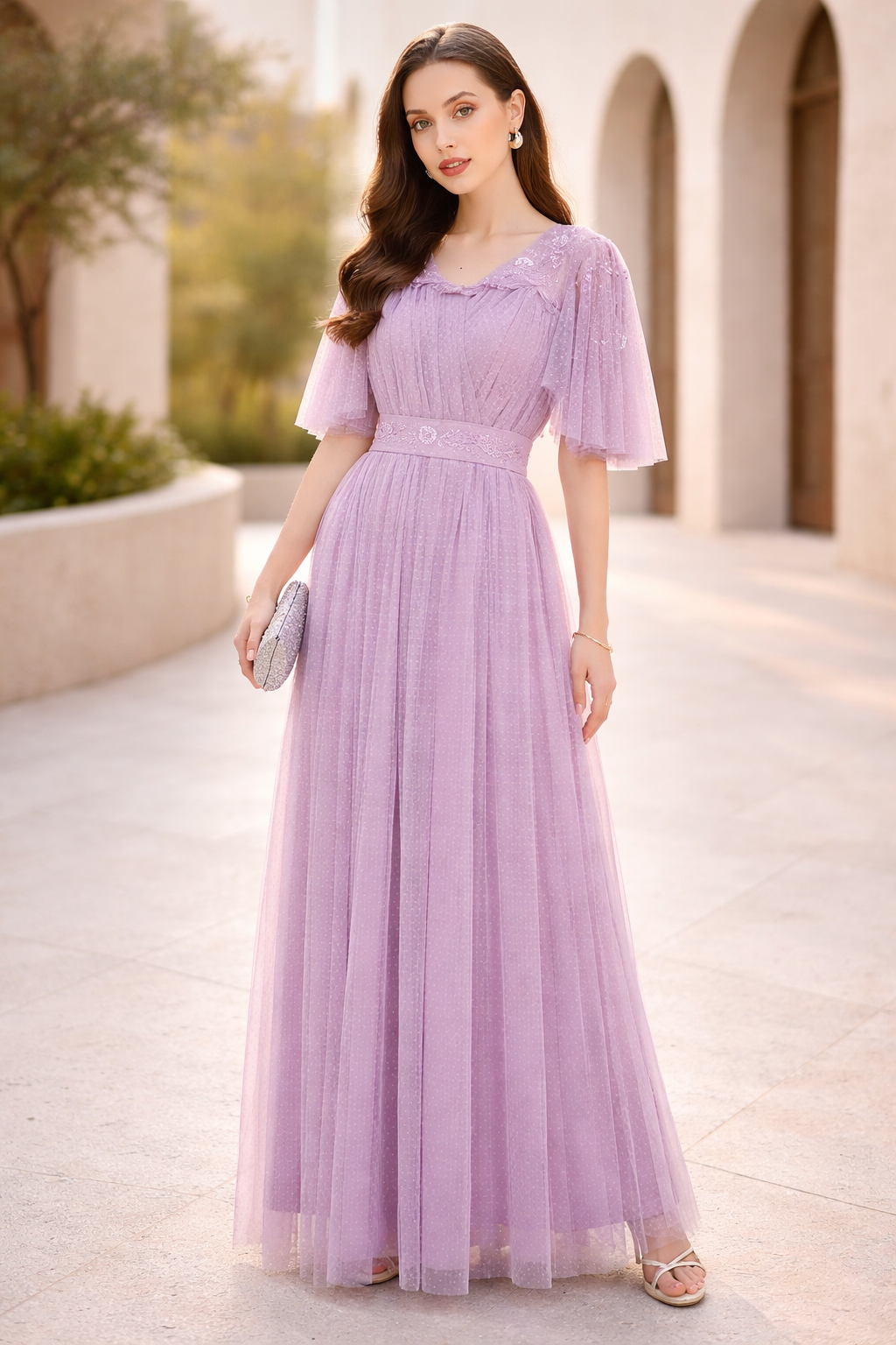 Textured Tulle Gown with Embroidered Accents