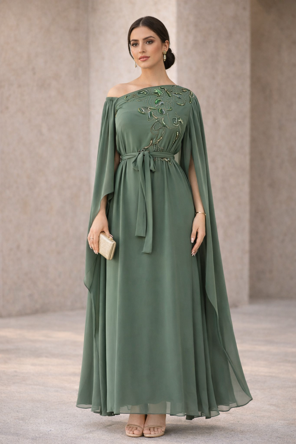 Swirl-Patterned Embellished One-Shoulder Gown