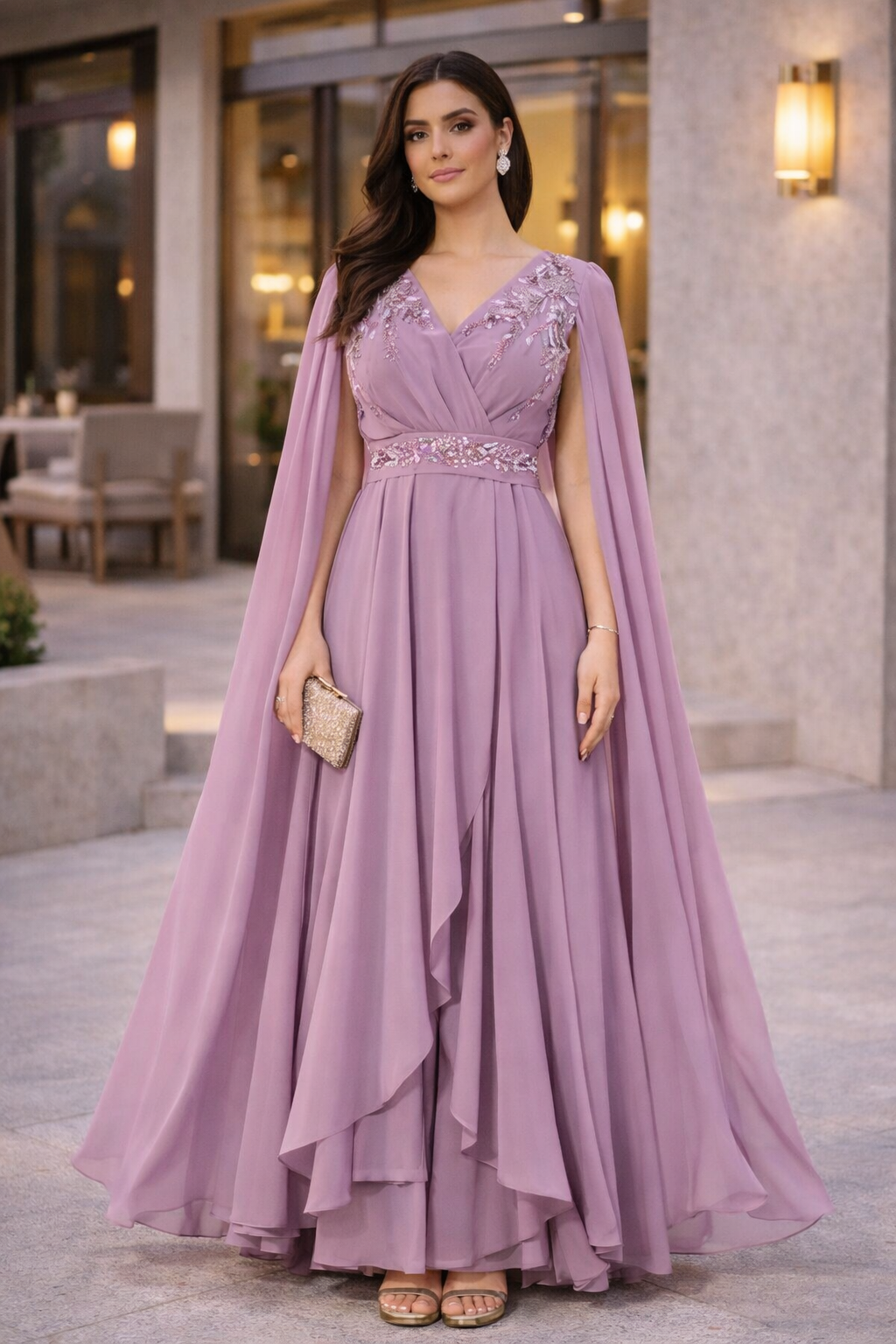 Wrap-Style Layered Chiffon Embellished Gown with Cape Sleeves