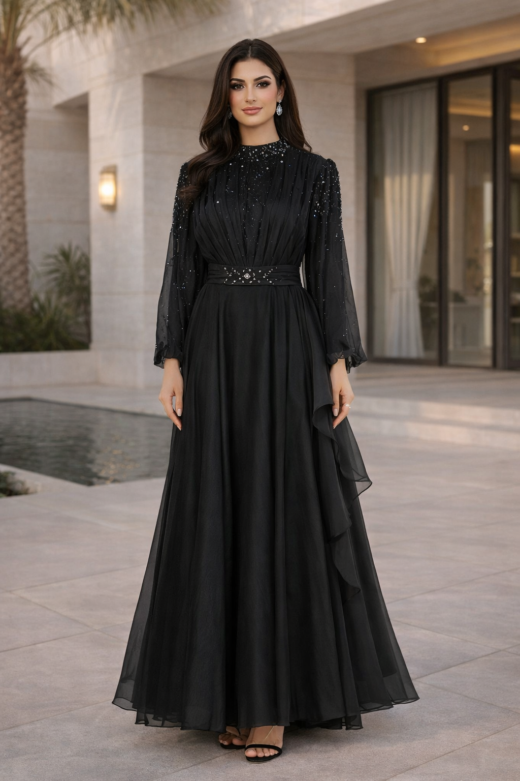 Bishop Sleeves Embellished Organza Gown with Pleats