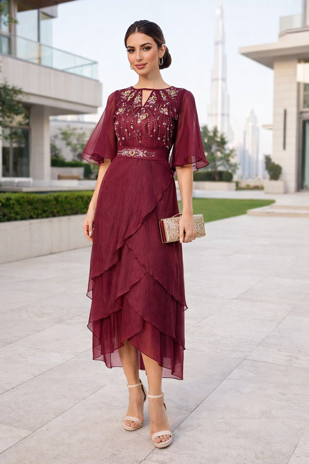 Flutter Sleeves Embellished Layered Midi Dress in Crinkle Organza