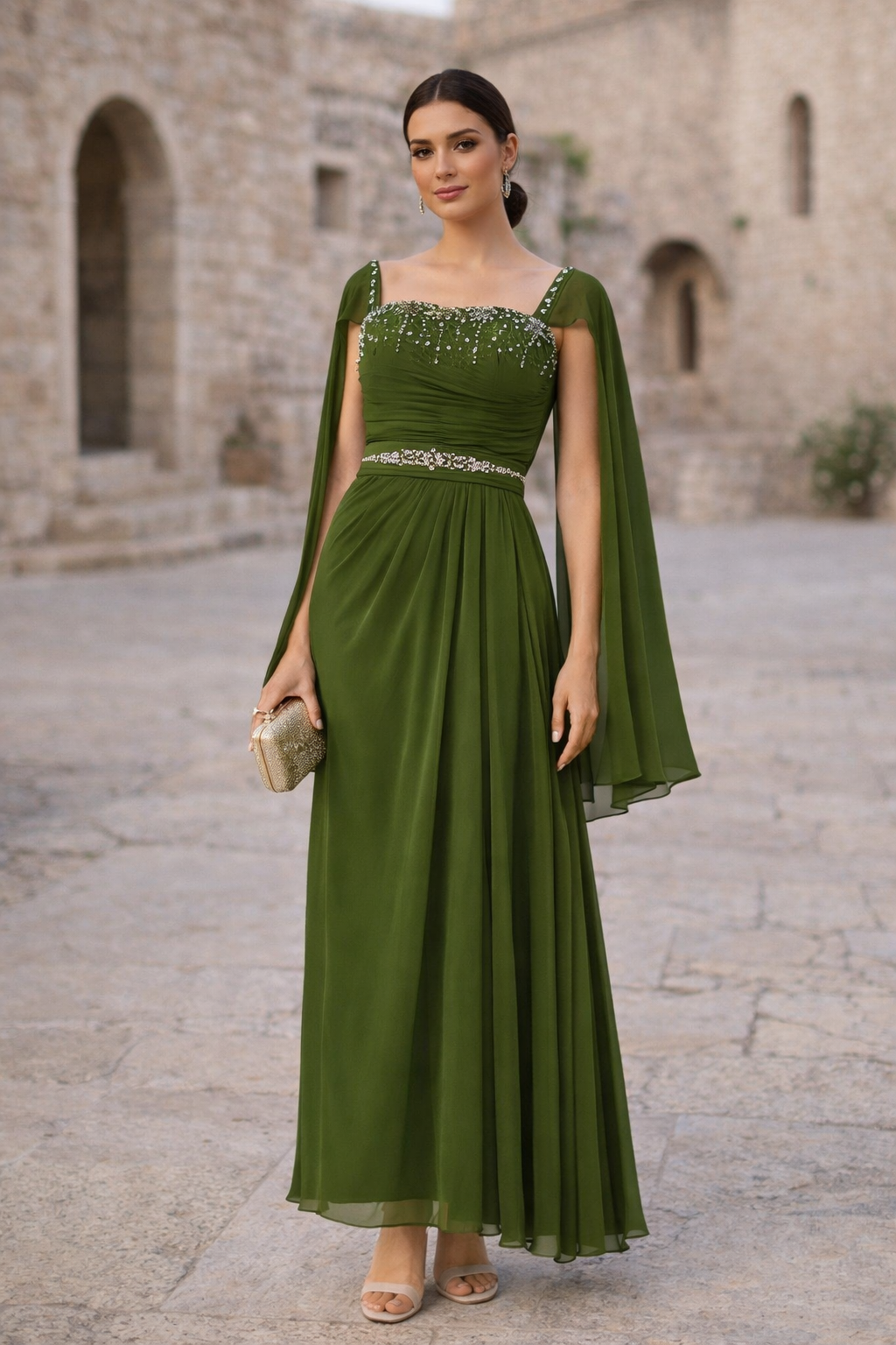 Beads Embellished Cape Sleeves Gown