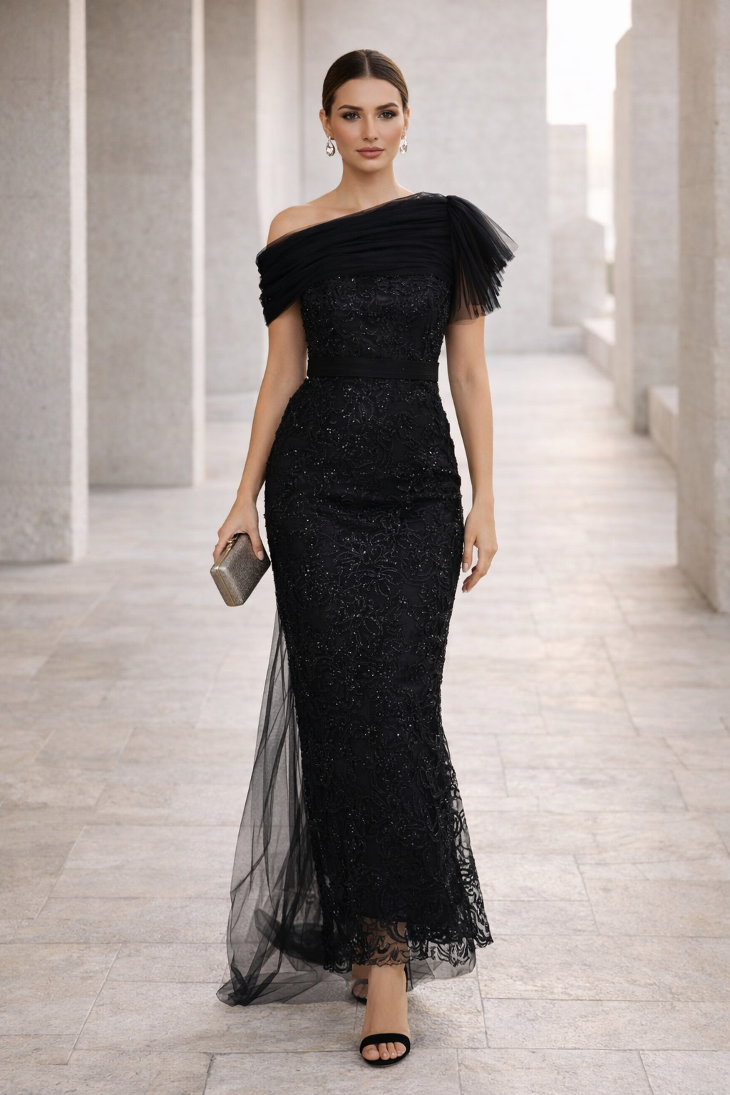 One-Shoulder Floral Sequin Gown with Ruffle Sleeve Detail