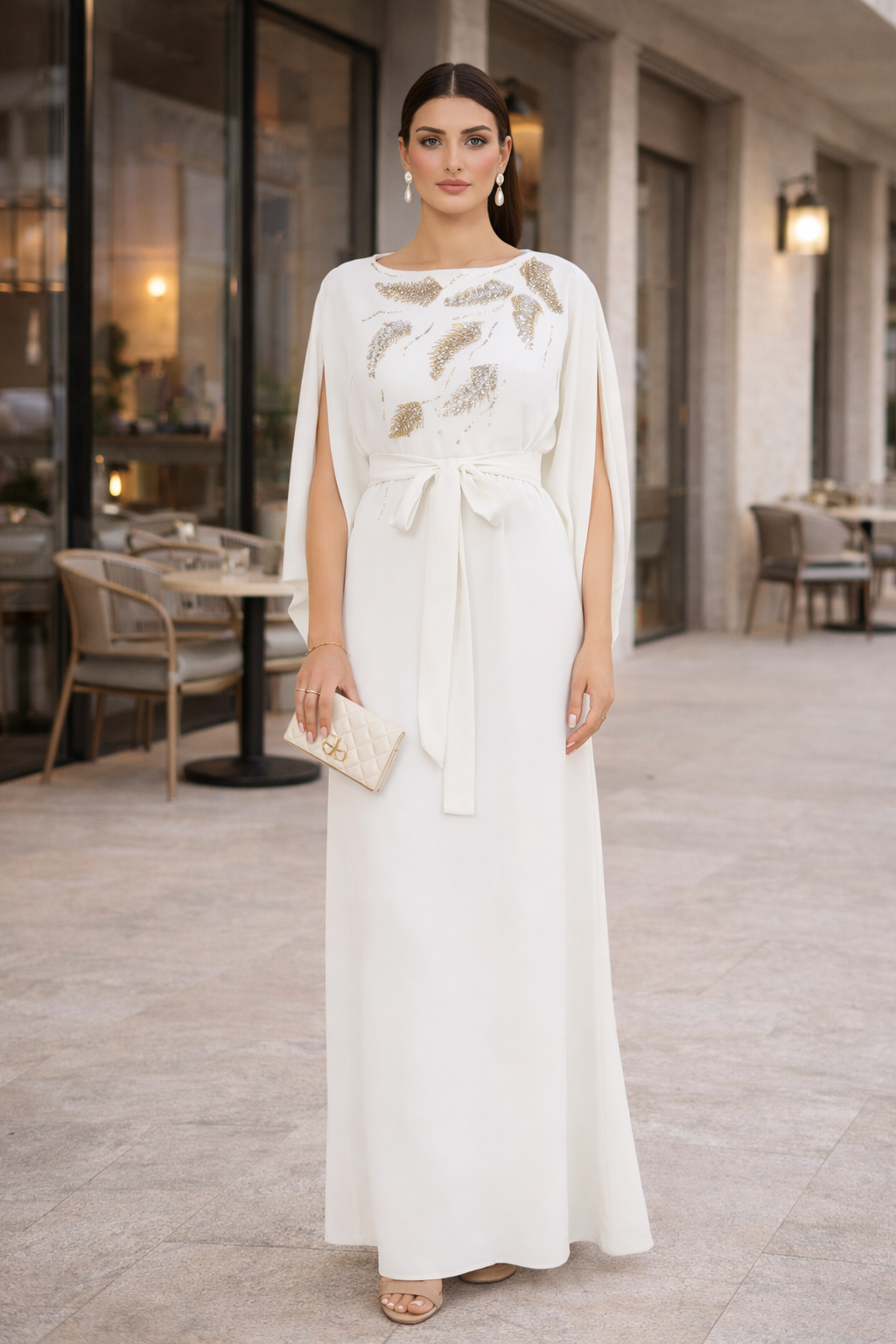 Winged Cape Gown with Sequin Embroidery