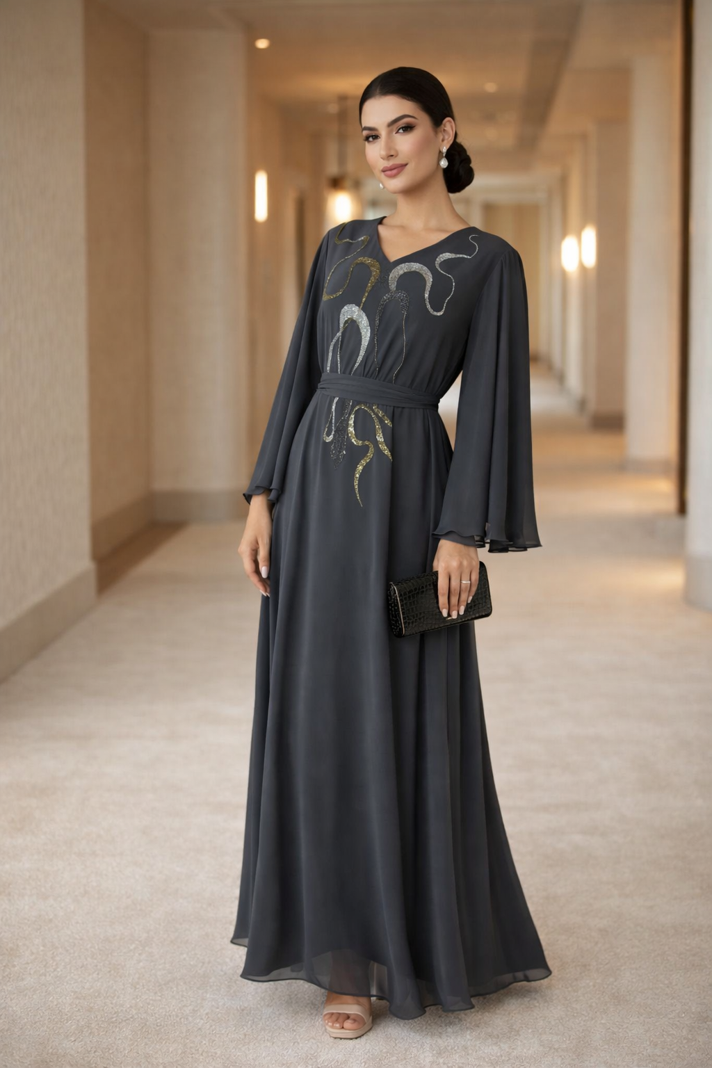 Abstract Swirls Metallic Embroidered Dress