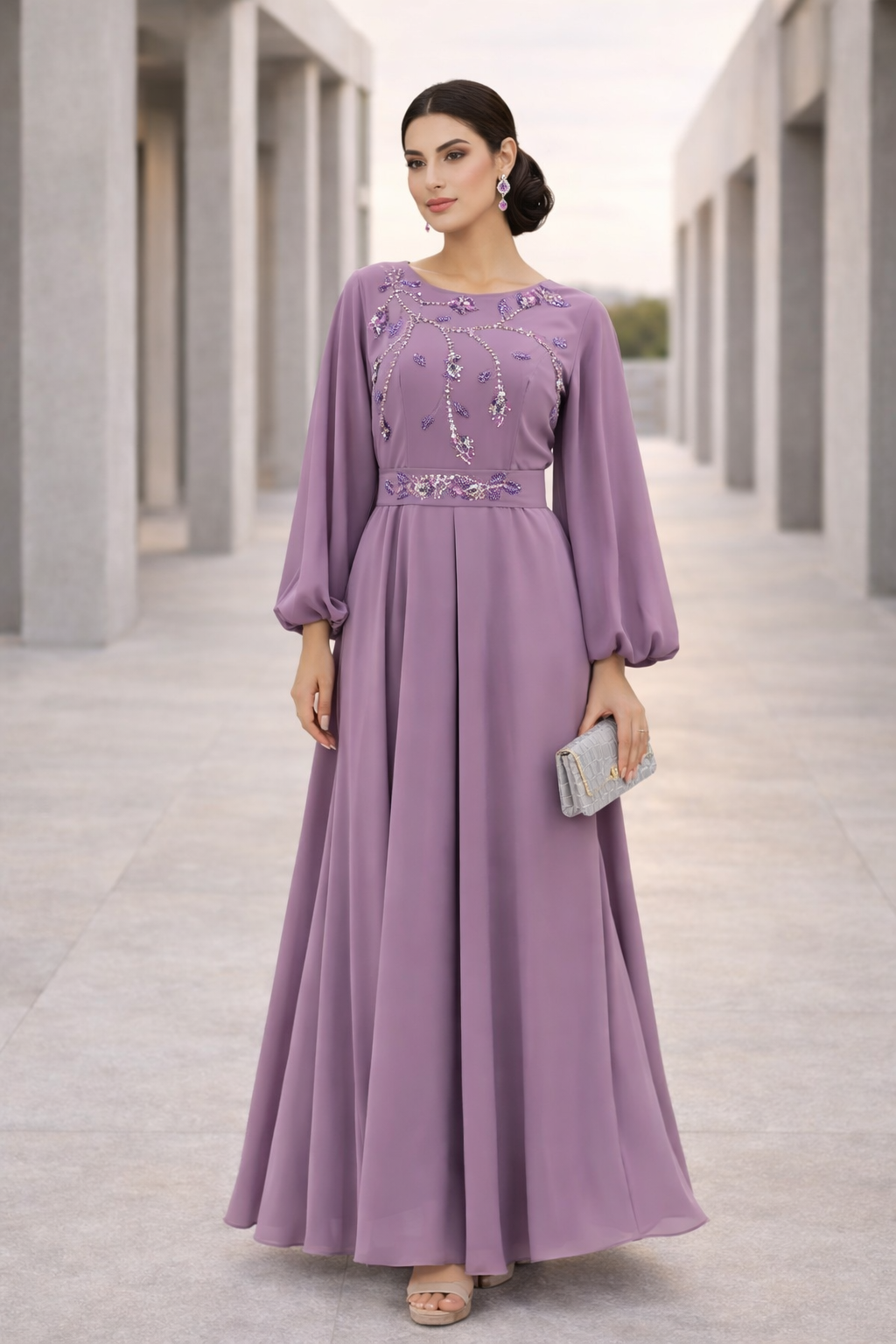 Floral Vines Embroidered Chiffon Gown