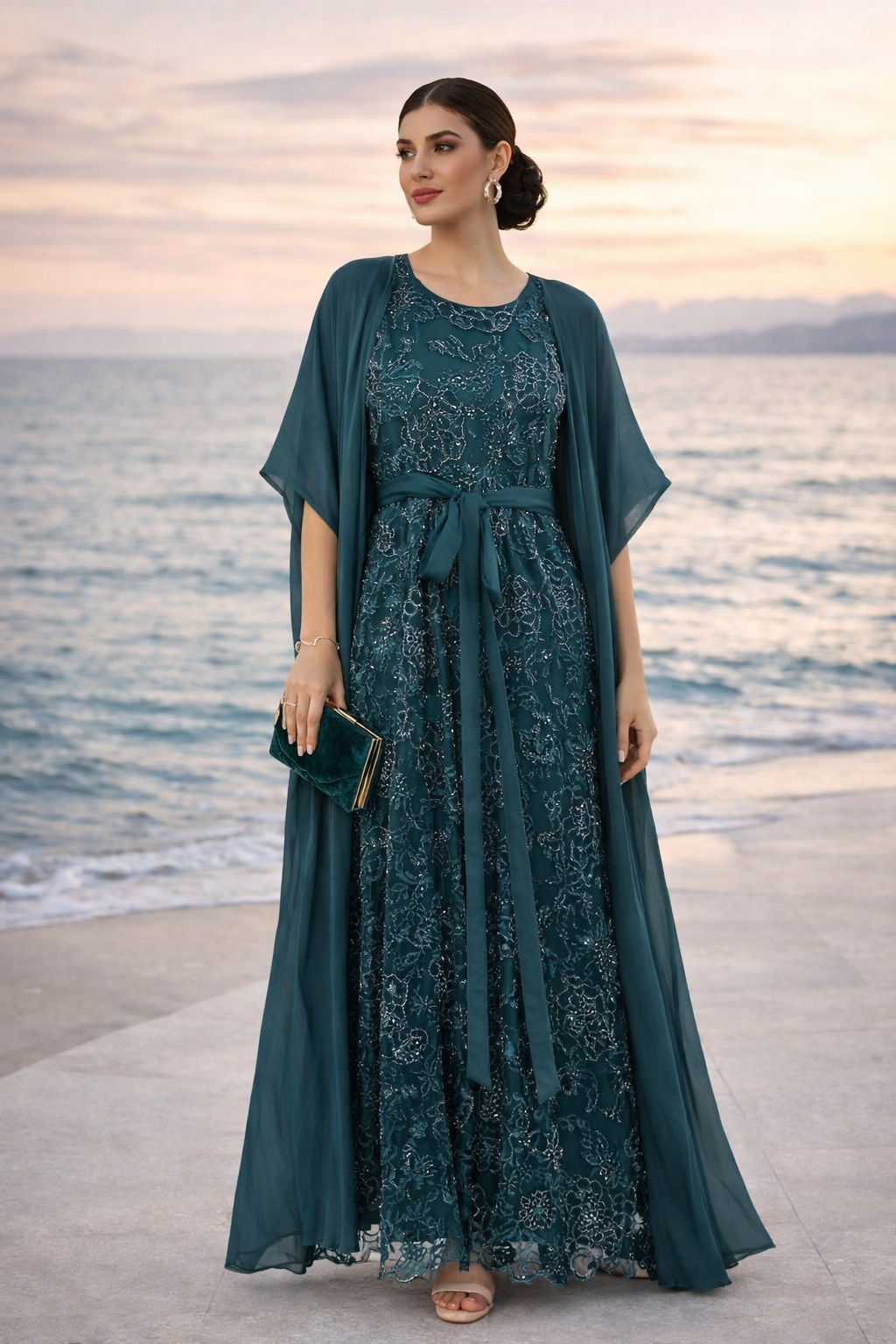 All-Over Embellished Gown With Soft Organza Sleeves