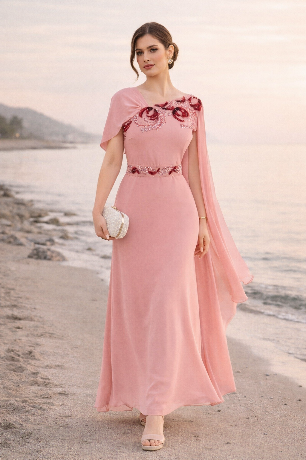 Cape Sleeve Embellished Evening Gown