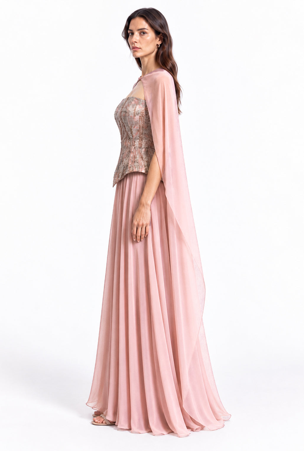 "Dalia" Sheer Cape Sequin Gown