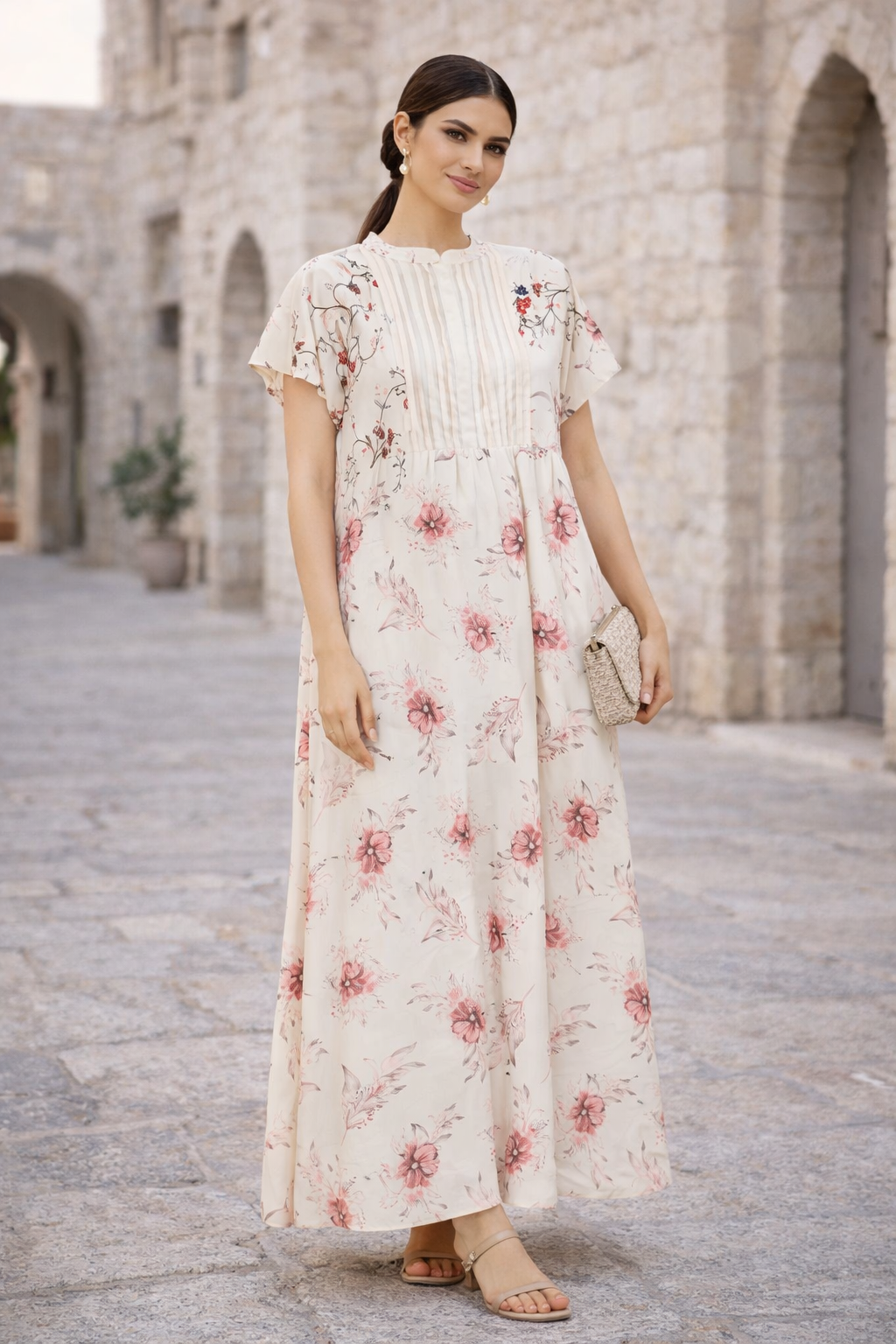 Beautiful Printed Long Dress With Collared Neckline And Short Sleeves