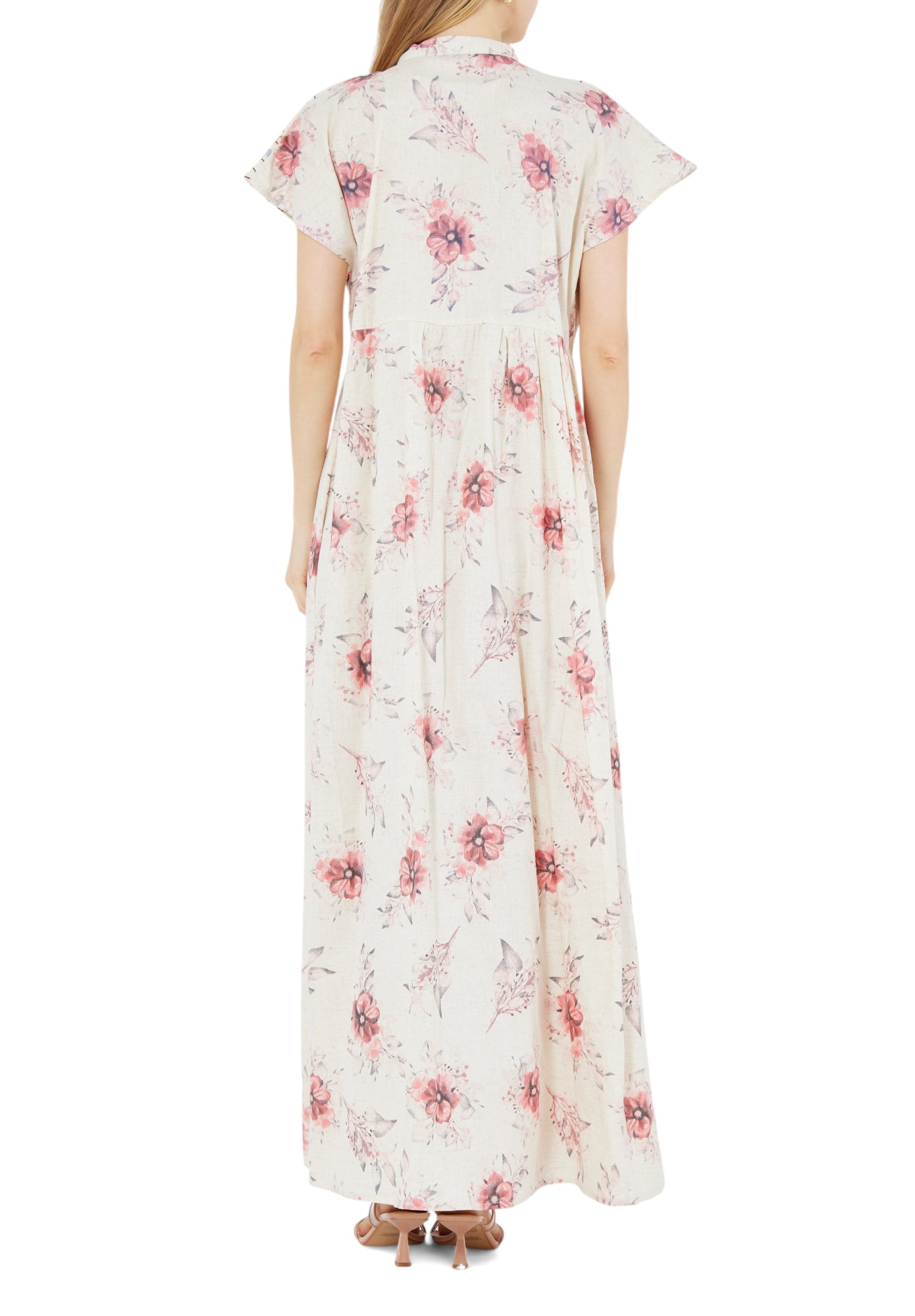 Beautiful Printed Long Dress With Collared Neckline And Short Sleeves