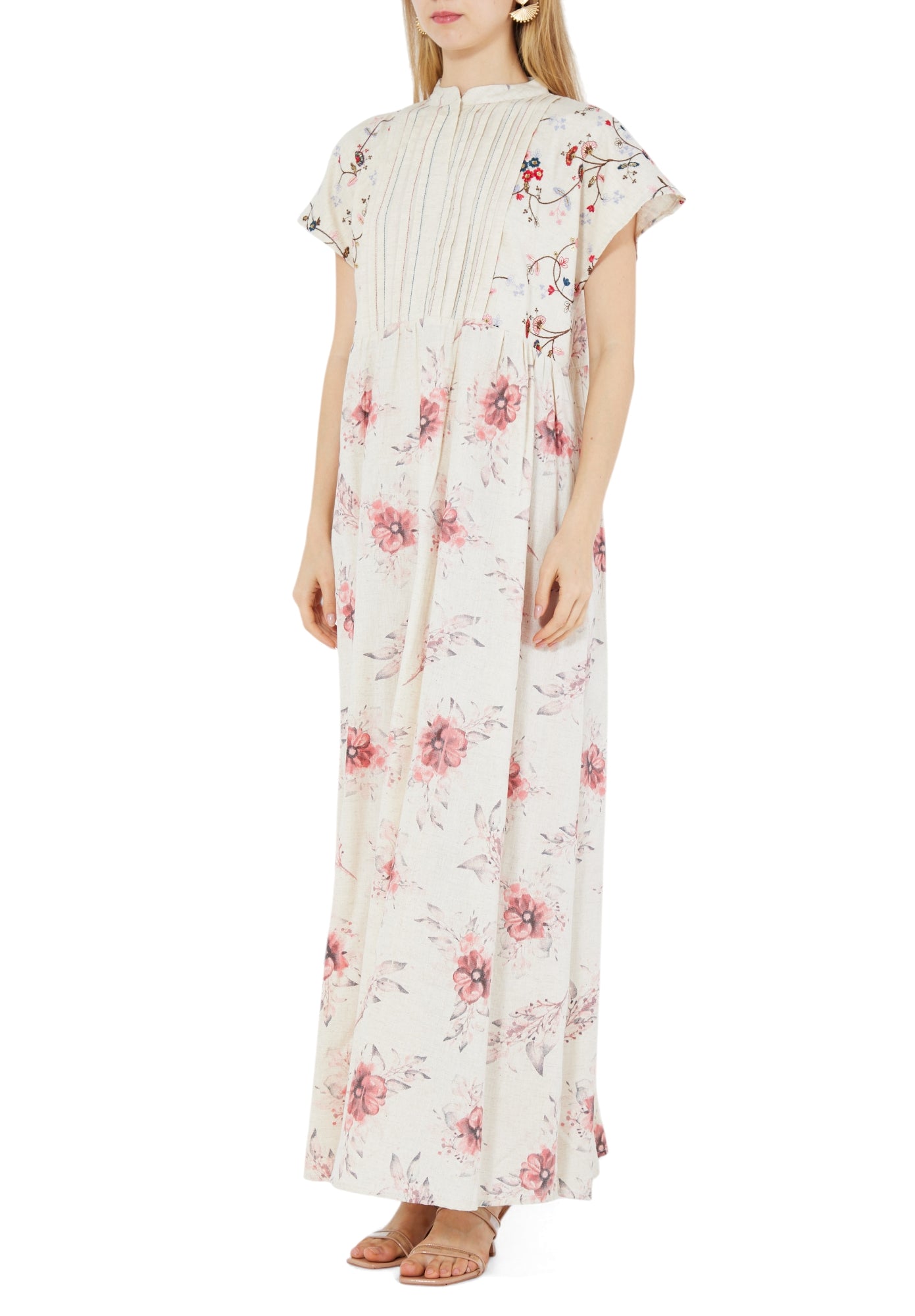 Beautiful Printed Long Dress With Collared Neckline And Short Sleeves