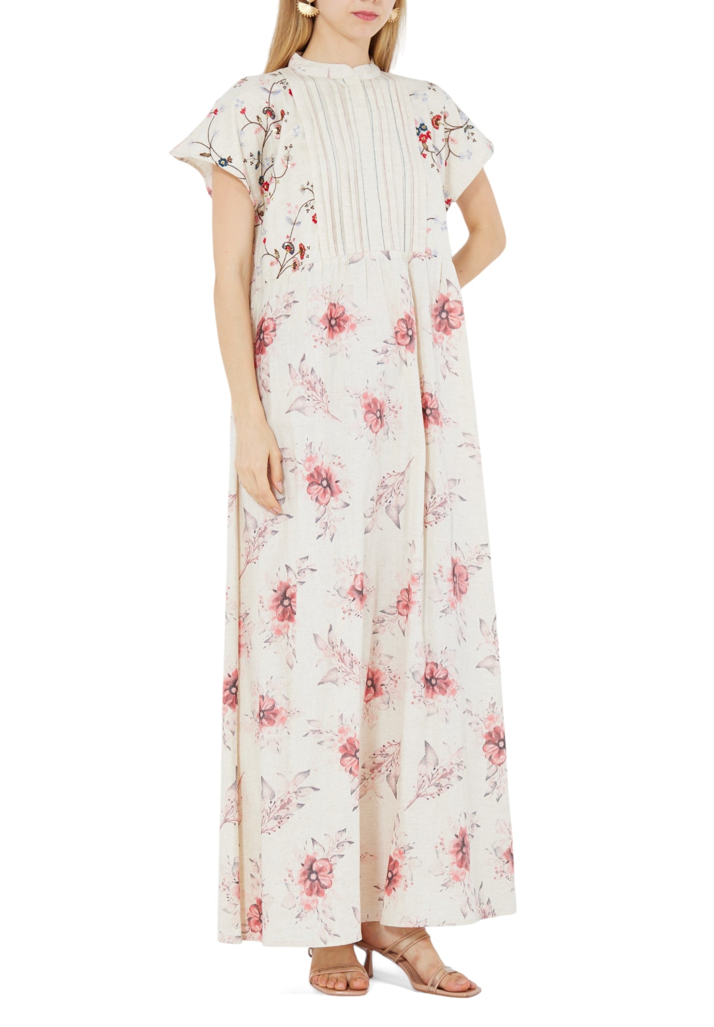 Beautiful Printed Long Dress With Collared Neckline And Short Sleeves
