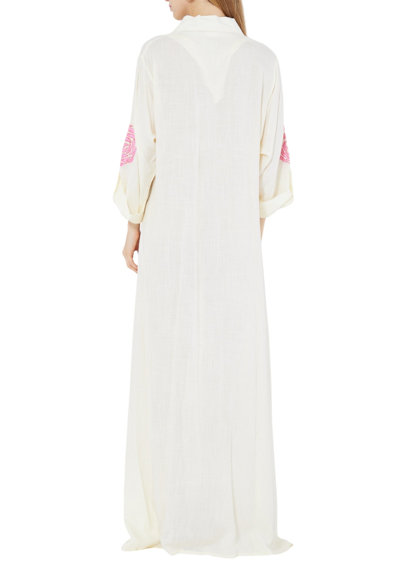 Beautiful Embroidered Long Dress With Collared Neckline And Long Sleeves