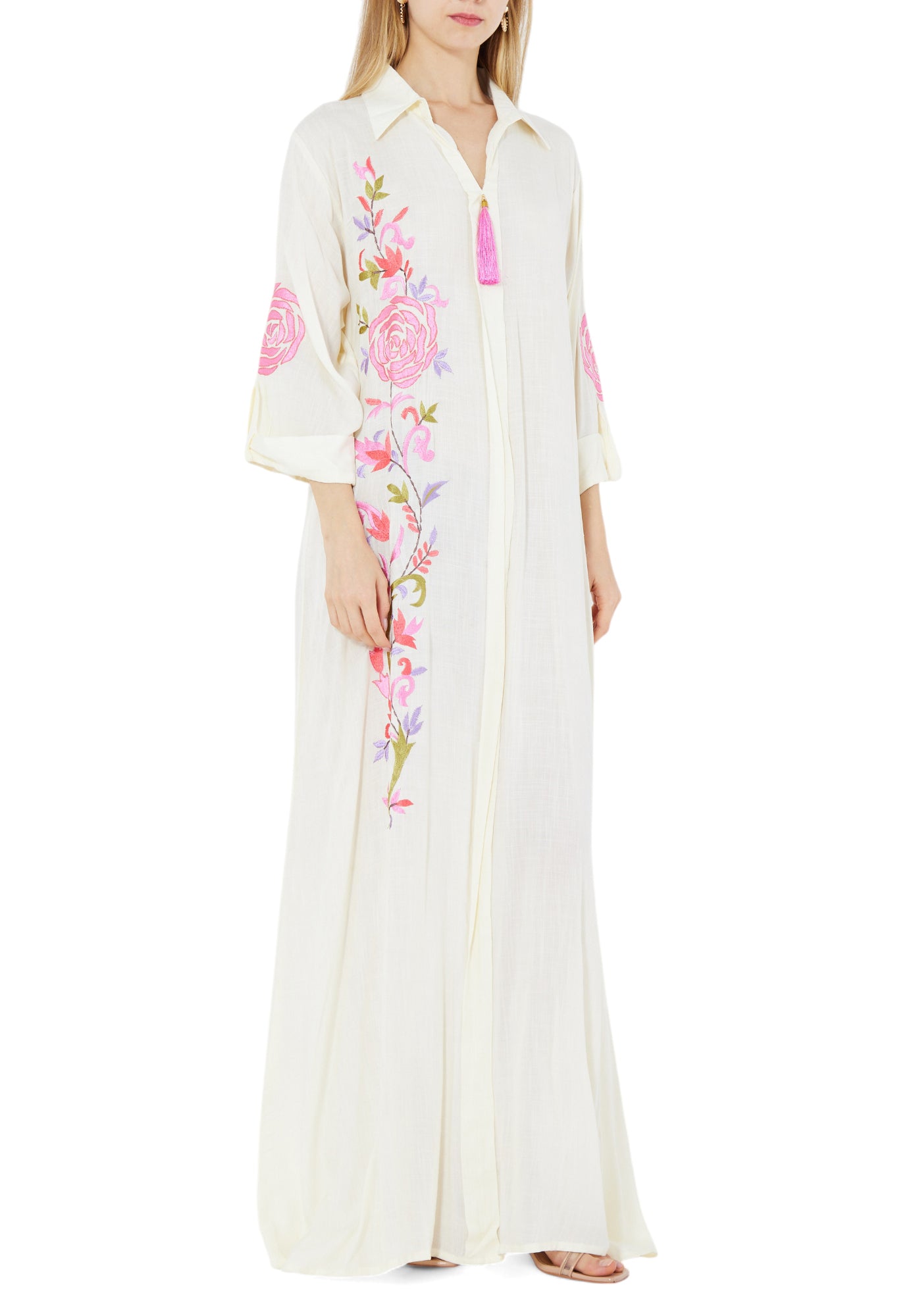 Beautiful Embroidered Long Dress With Collared Neckline And Long Sleeves
