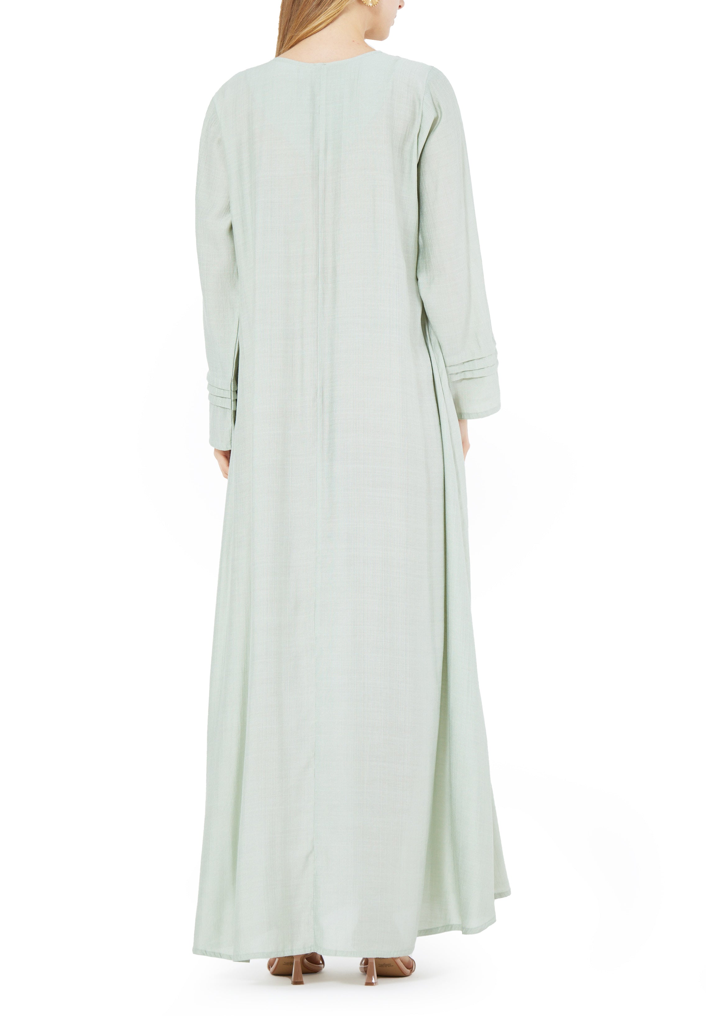 Beautiful Embroidered Pleat Detailed Long Dress With Round Neckline And Long Sleeves
