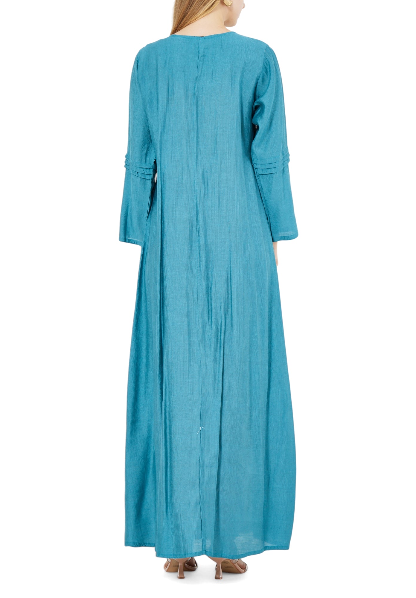 Beautiful Embroidered Pleat Detailed Long Dress With Round Neckline And Long Sleeves