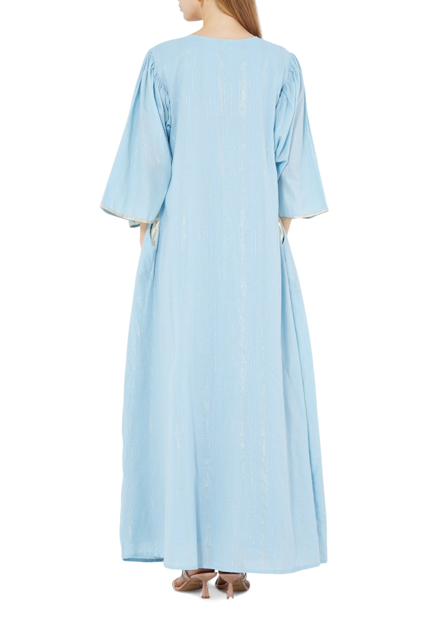 Stunning Embroidered Linen Long Dress With V-Neckline And Long Sleeves
