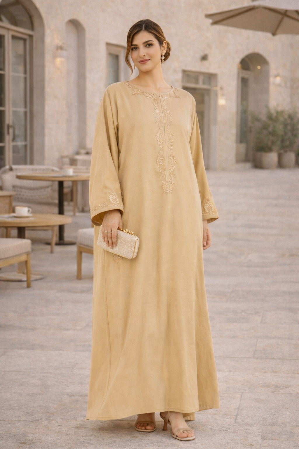 Stunning Embroidered Long Dress With Round Neckline And Bell Sleeves