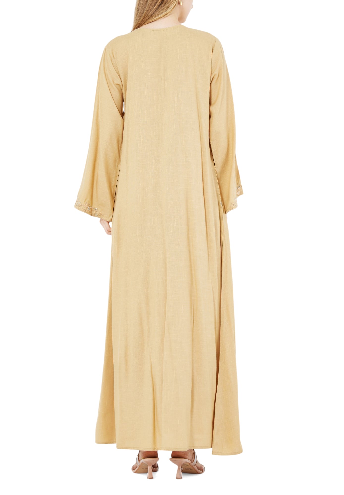 Stunning Embroidered Long Dress With Round Neckline And Bell Sleeves