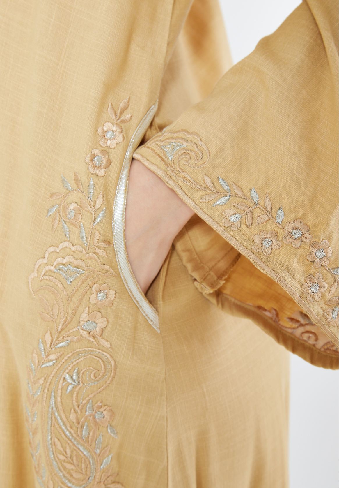 Stunning Embroidered Long Dress With Round Neckline And Bell Sleeves