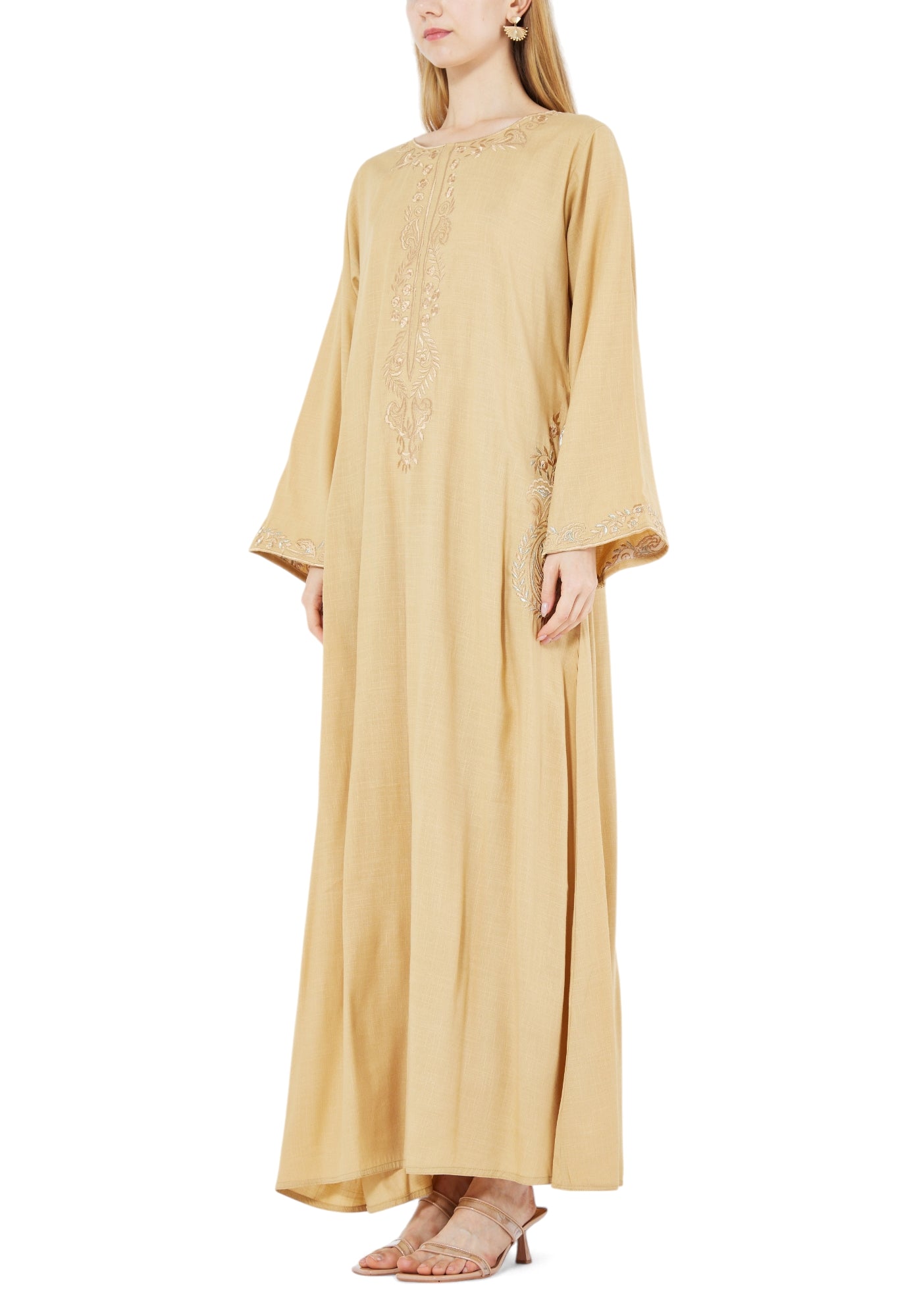 Stunning Embroidered Long Dress With Round Neckline And Bell Sleeves