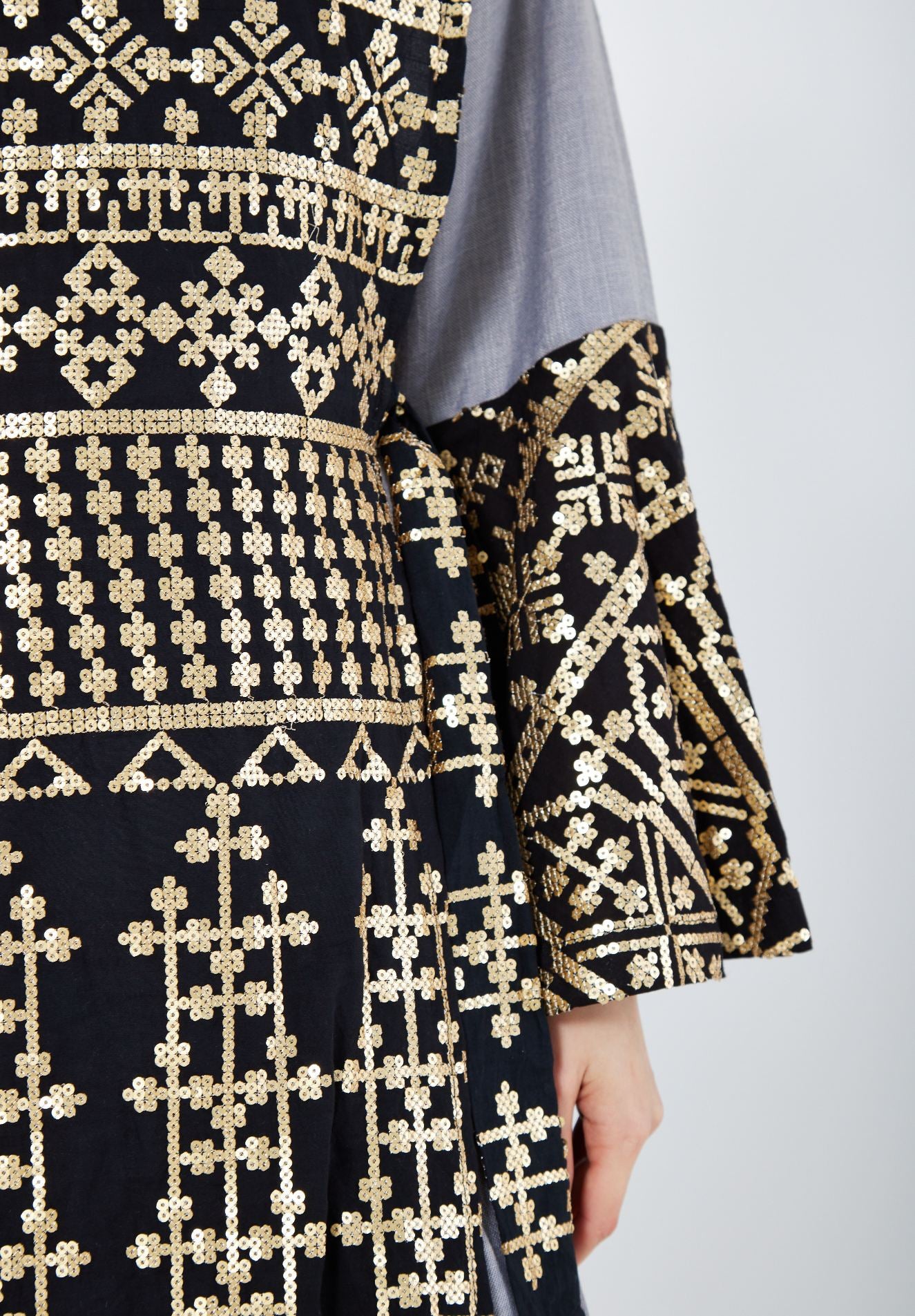 Stunning Embroidered Long Flared Dress With Round Neckline And Frilled Long Sleeves
