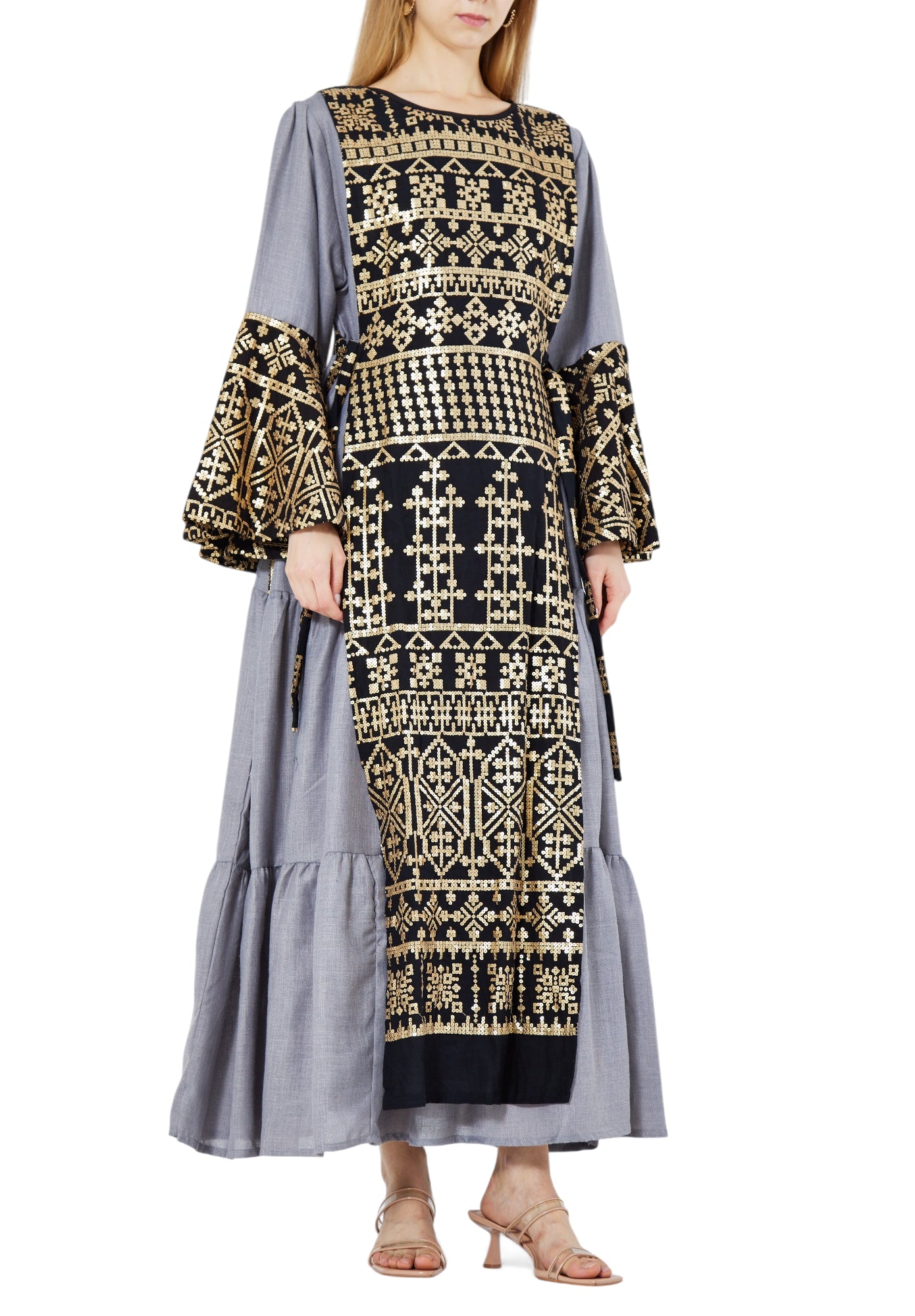 Stunning Embroidered Long Flared Dress With Round Neckline And Frilled Long Sleeves