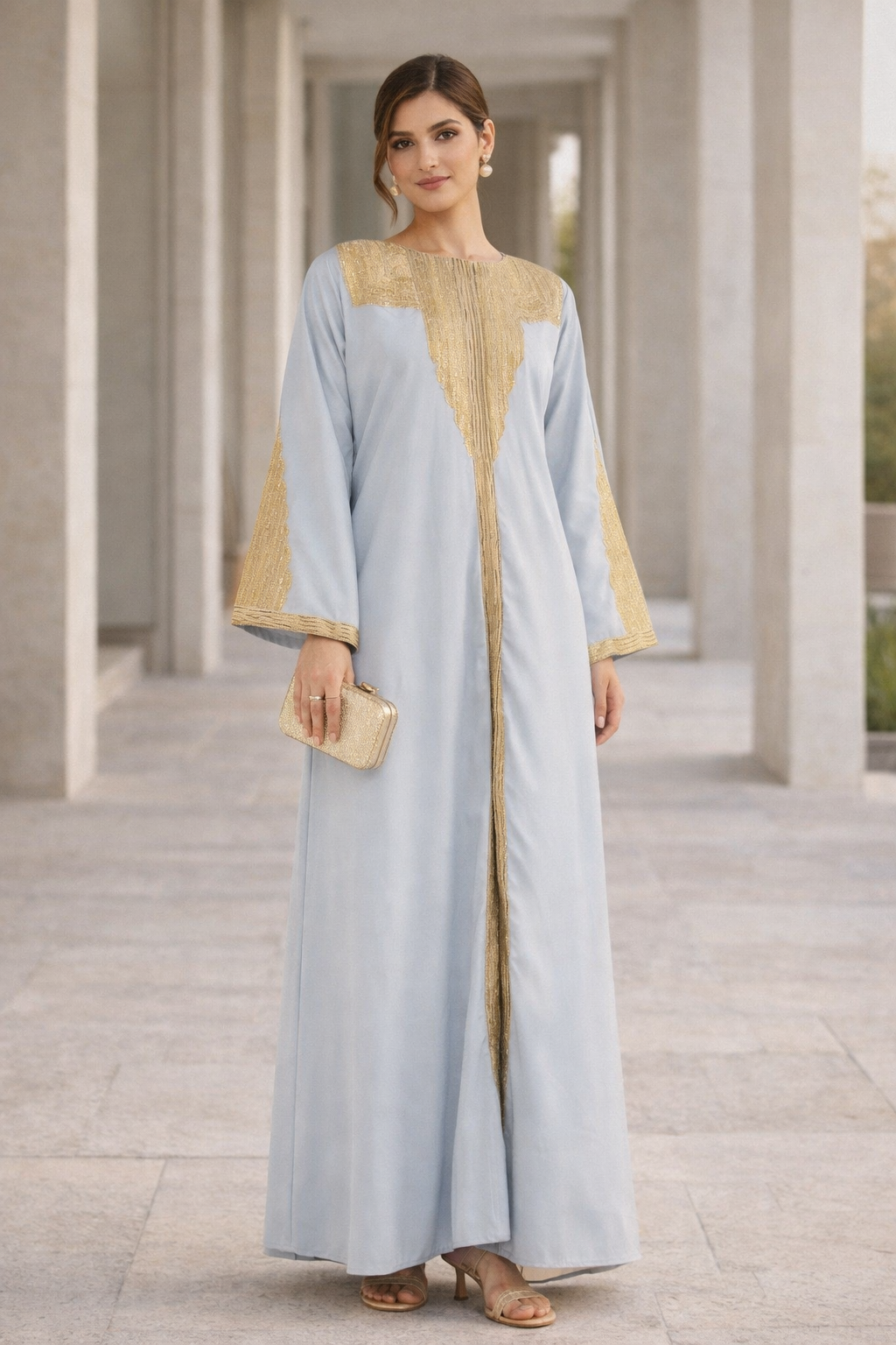 Beautiful Embroidered Long Linen Jalabiya With Round Neckline With Bell Sleeves