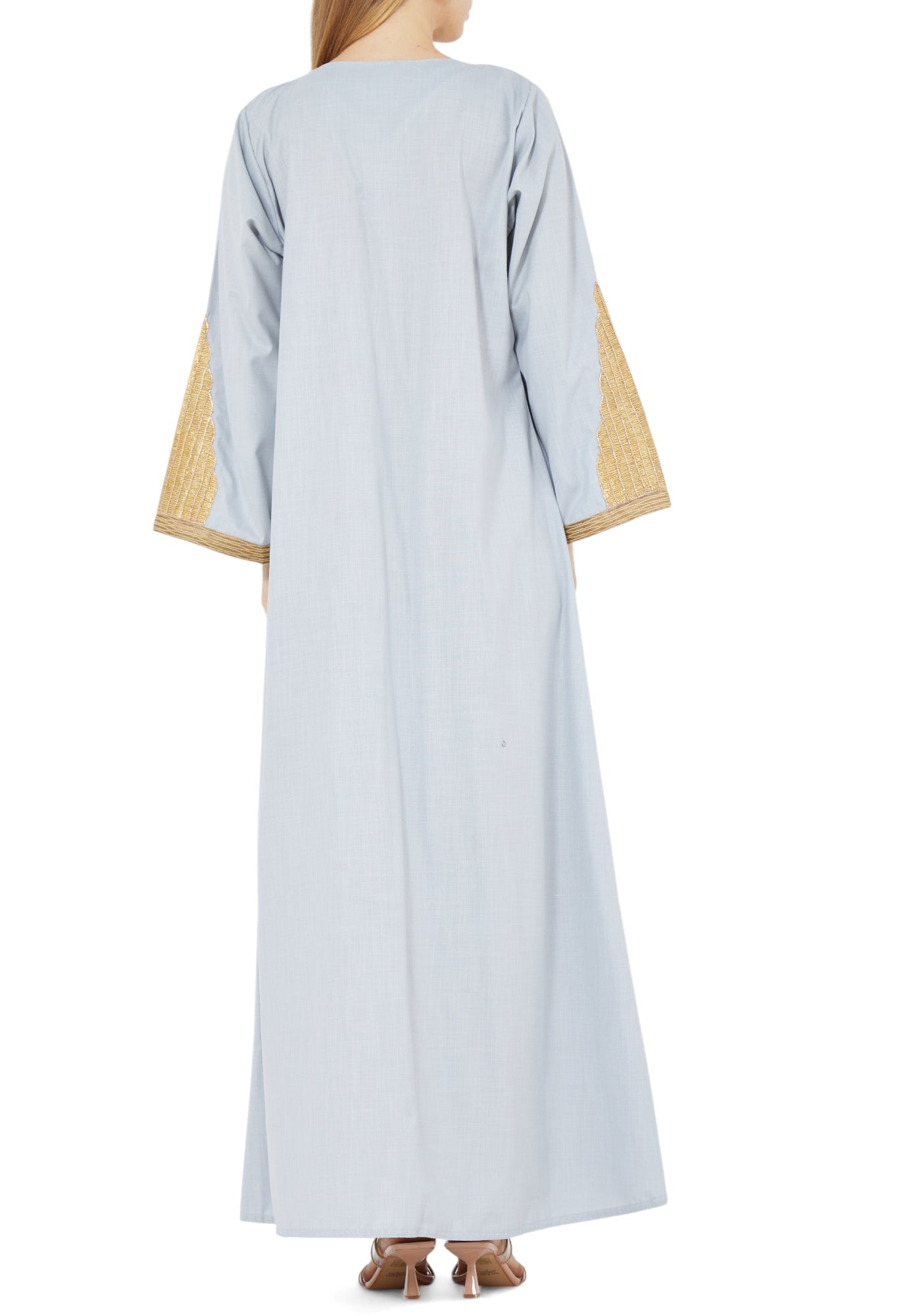 Beautiful Embroidered Long Linen Jalabiya With Round Neckline With Bell Sleeves