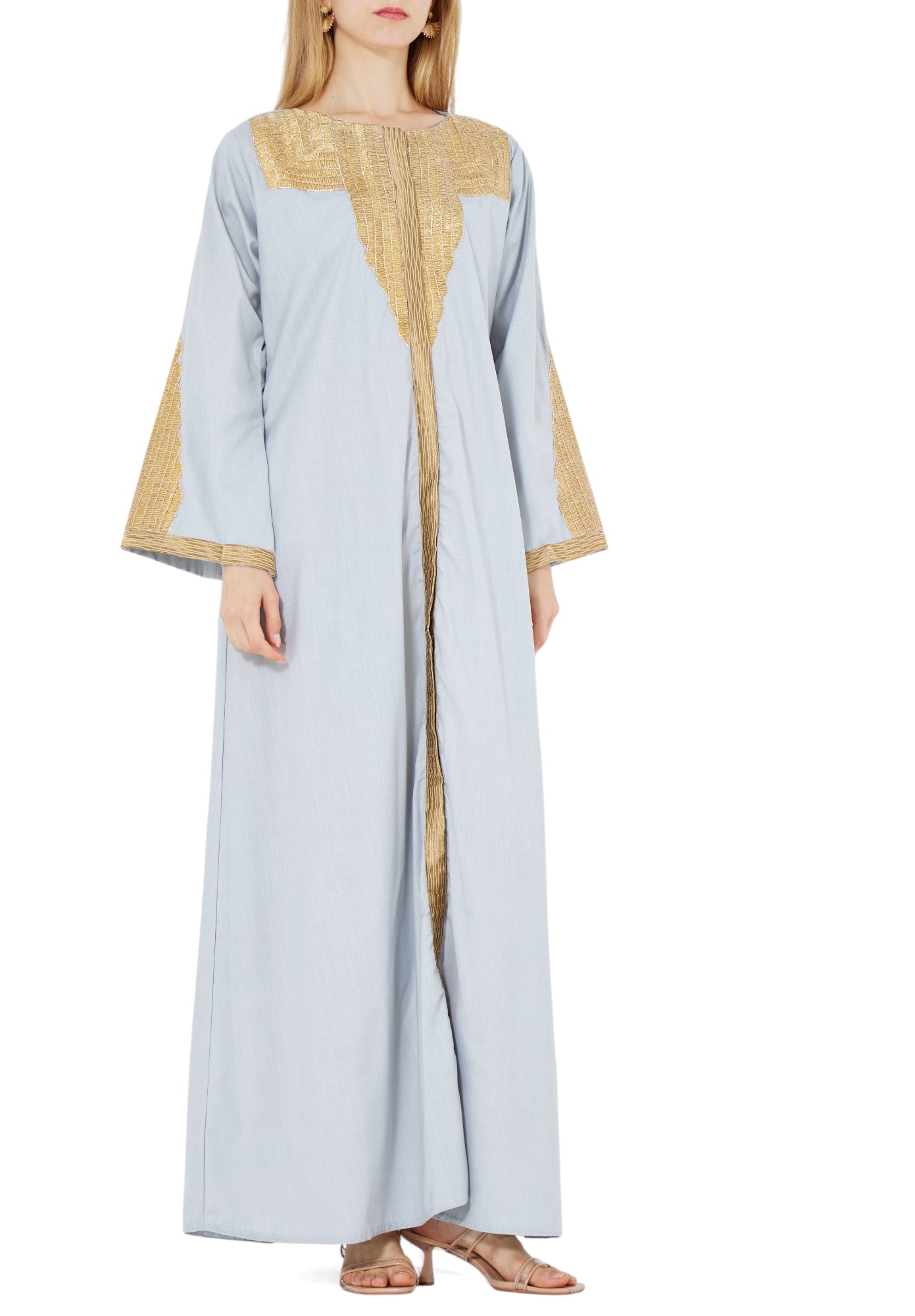 Beautiful Embroidered Long Linen Jalabiya With Round Neckline With Bell Sleeves