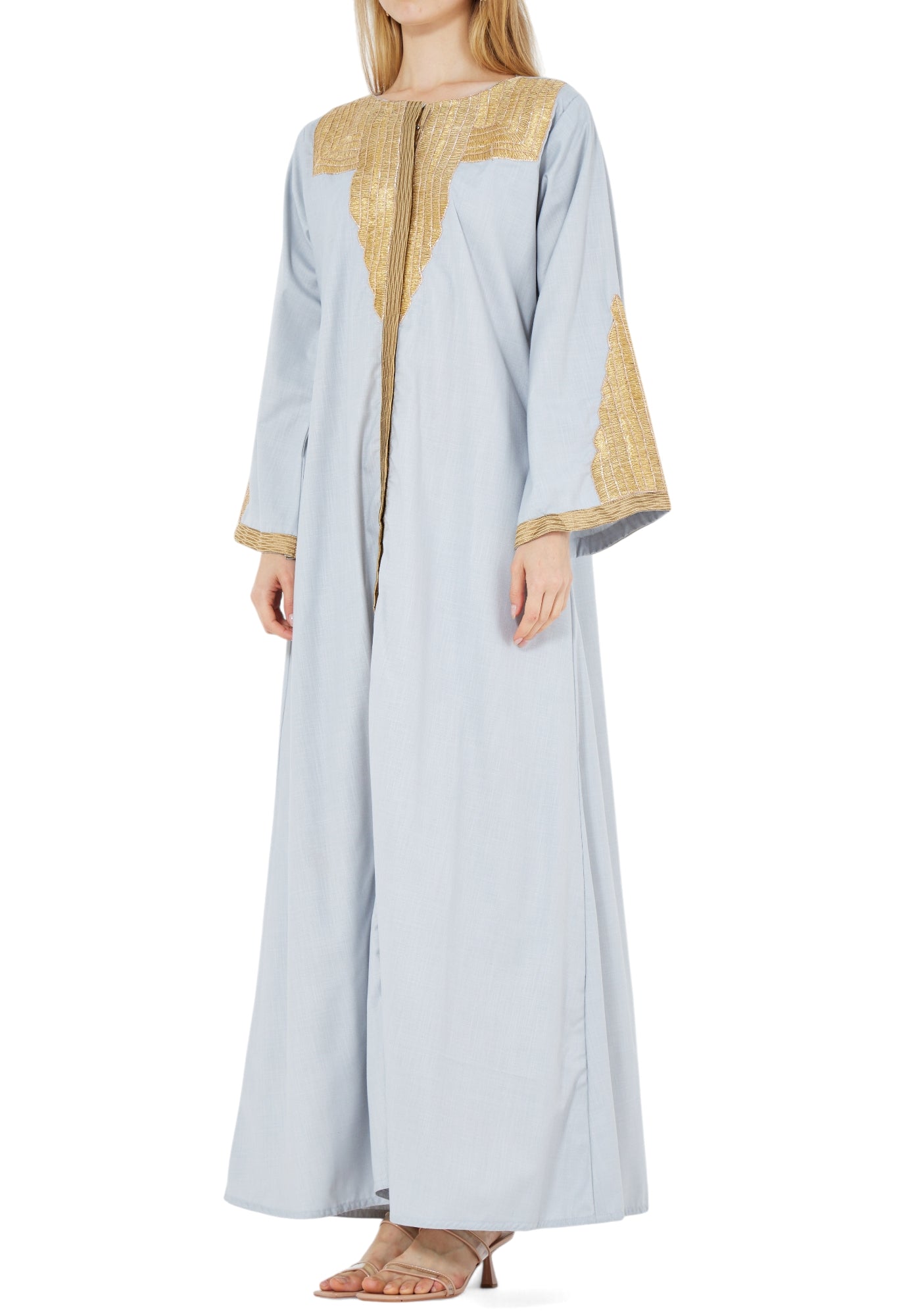 Beautiful Embroidered Long Linen Jalabiya With Round Neckline With Bell Sleeves