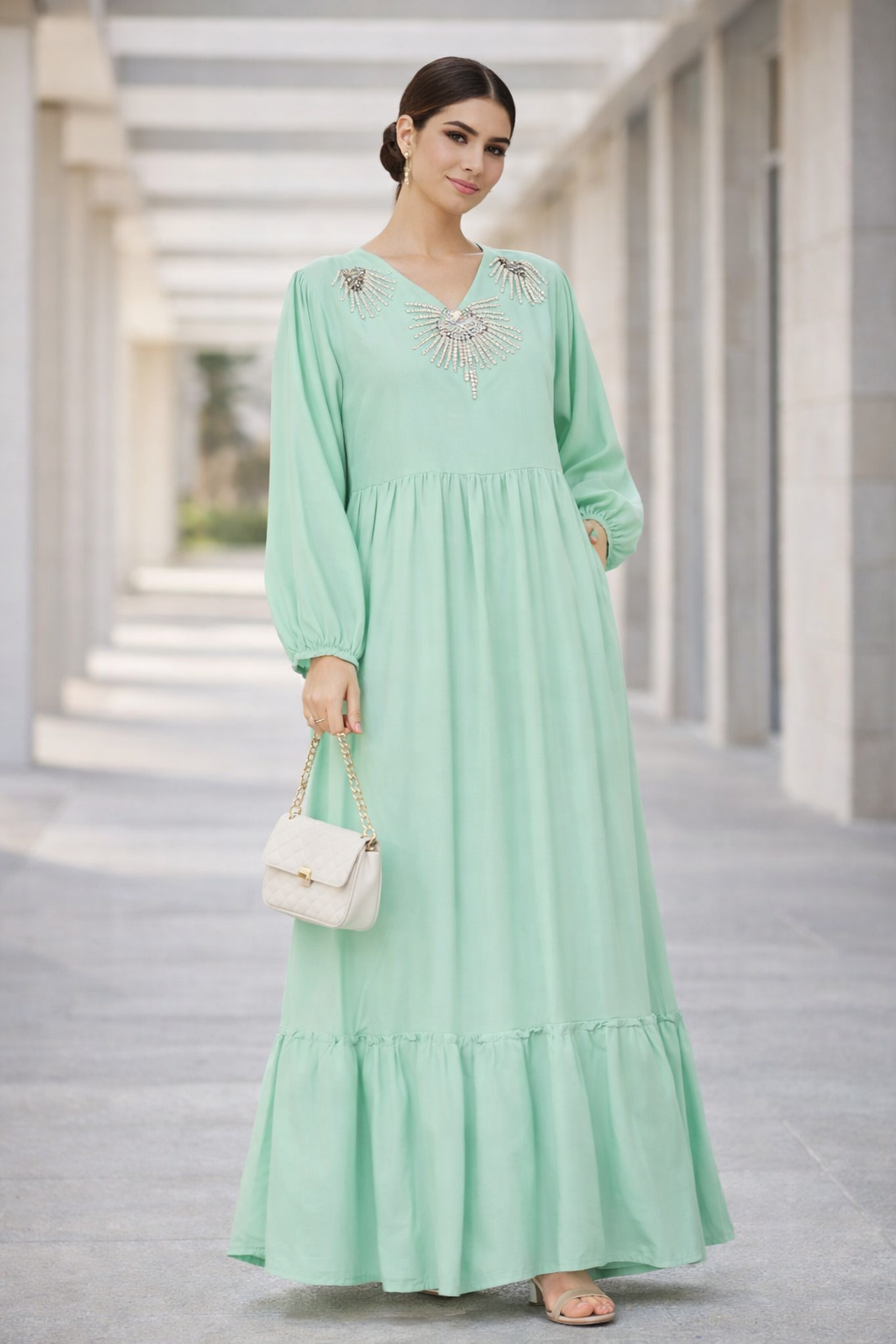 Stunning Embroidered Linen Long Dress With V-Neckline And Long Sleeves