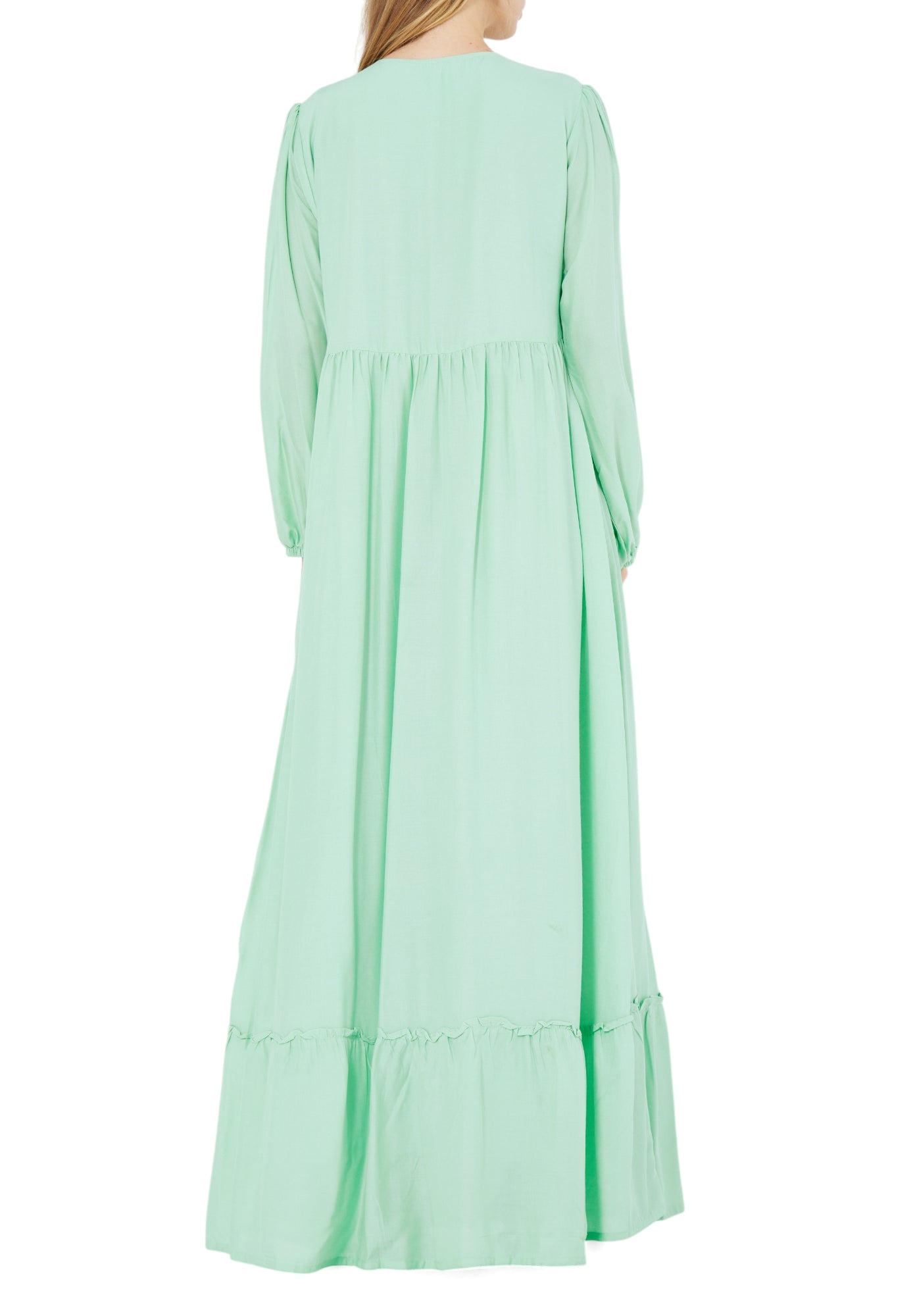 Stunning Embroidered Linen Long Dress With V-Neckline And Long Sleeves