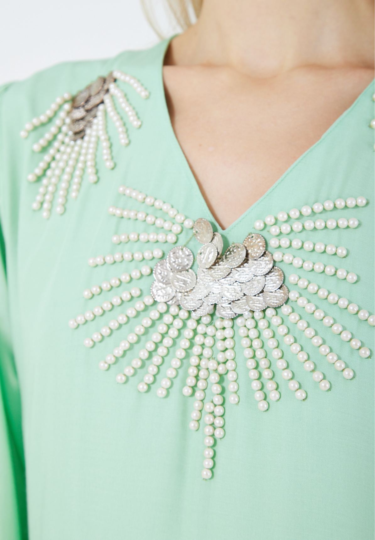 Stunning Embroidered Linen Long Dress With V-Neckline And Long Sleeves